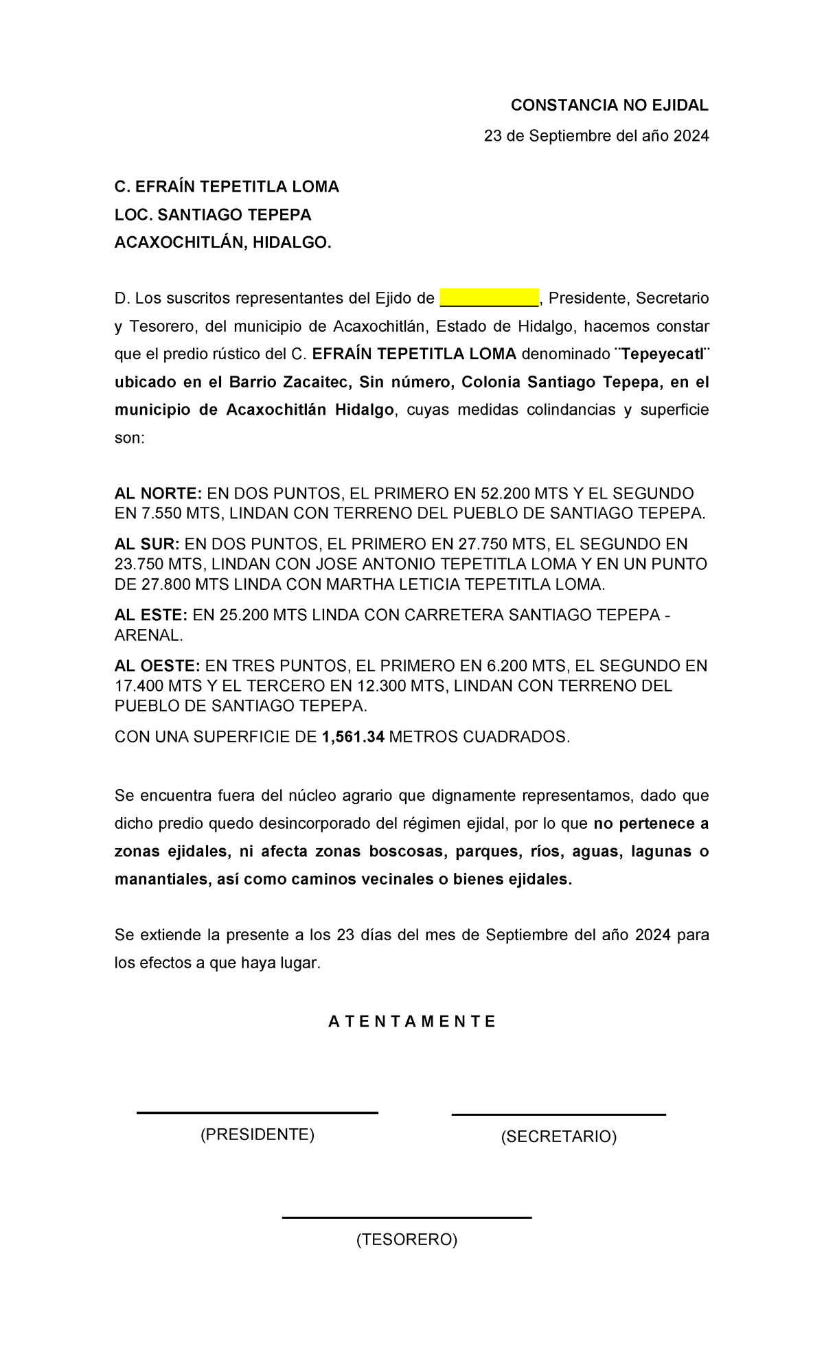 Constancia De No Ejido Predio C Efráin Tepetitla Loma 2024 Studocu