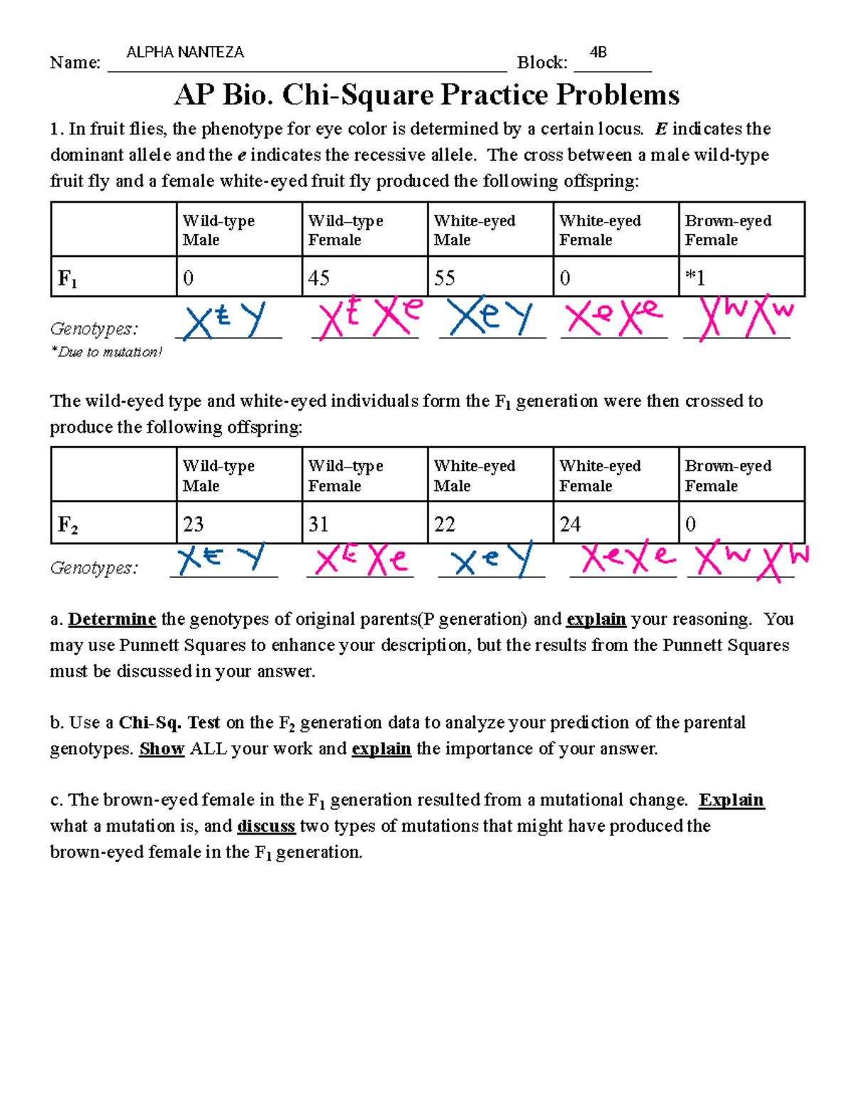 AP Bio - Chi-Square Practice Problems for Alpha Nanteza - Studocu