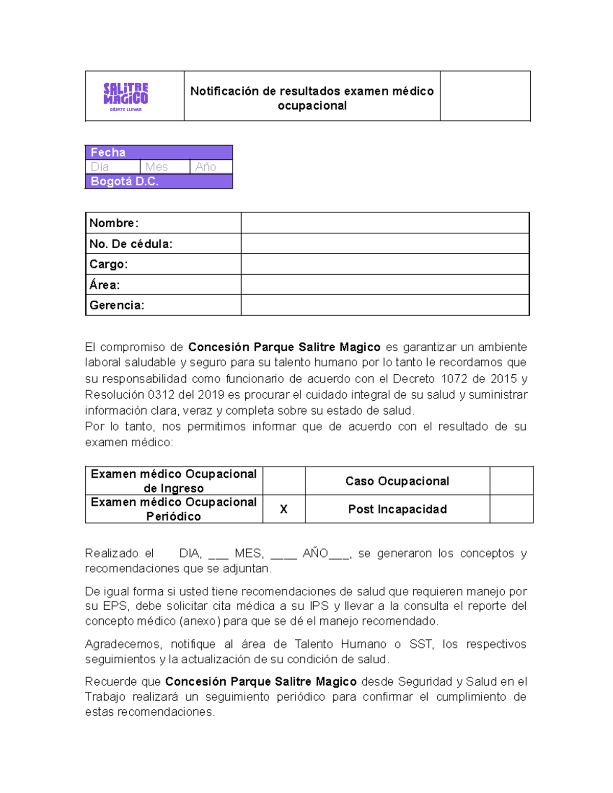 Resultados Examen Médico Ocupacional - Formato Notificación - Document Preview