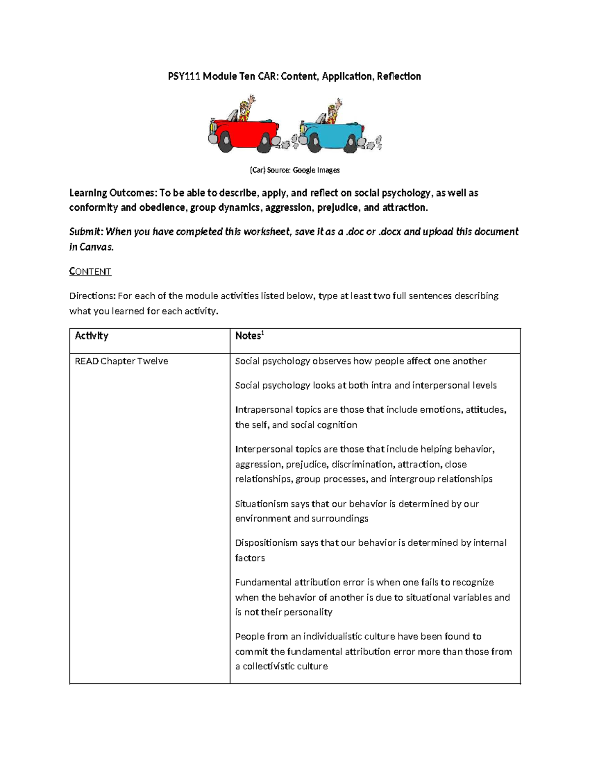 PSY111 Module Ten CAR: Content, Application, Reflection Insights - Studocu