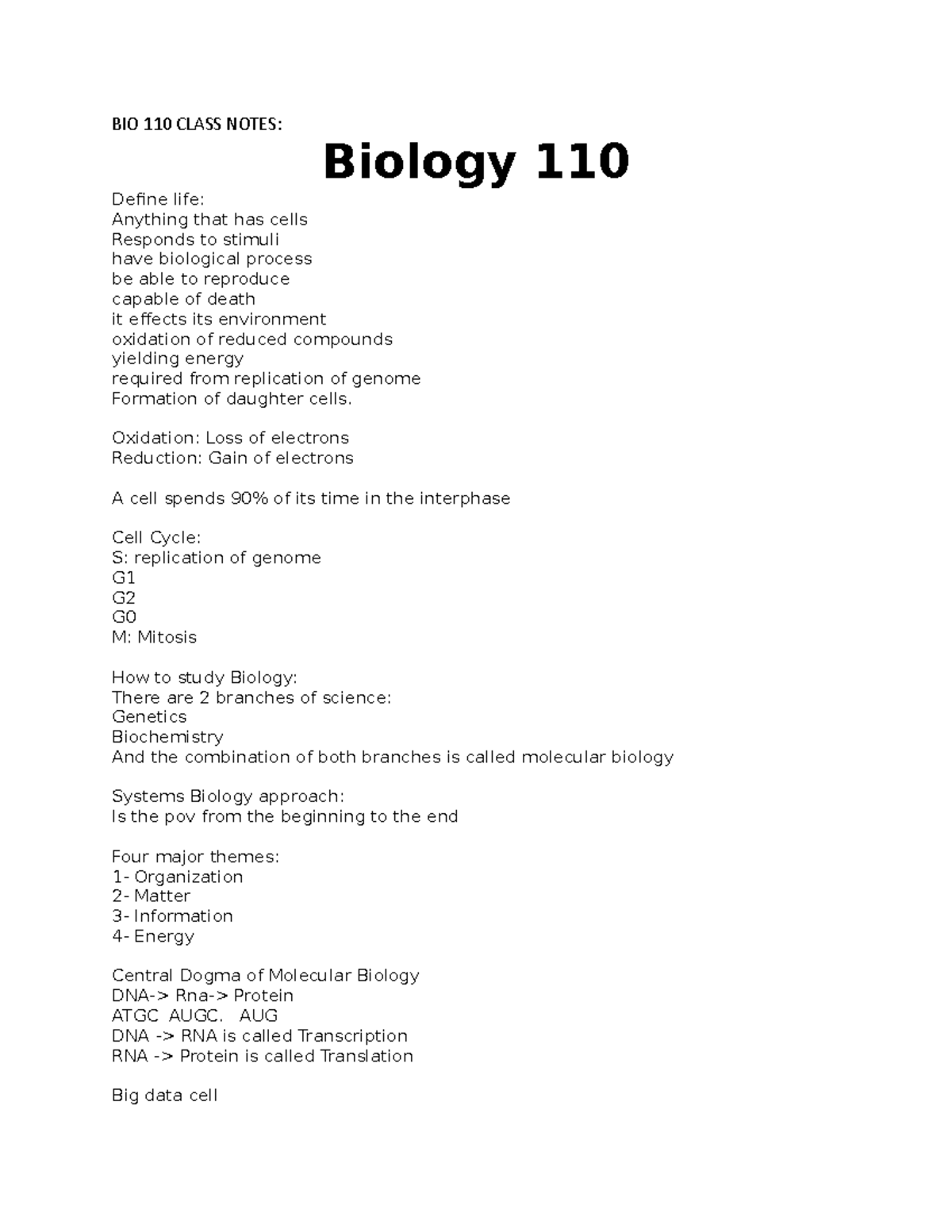 BIO 110 Lecture Notes: Understanding the Fundamentals of Biology - Studocu