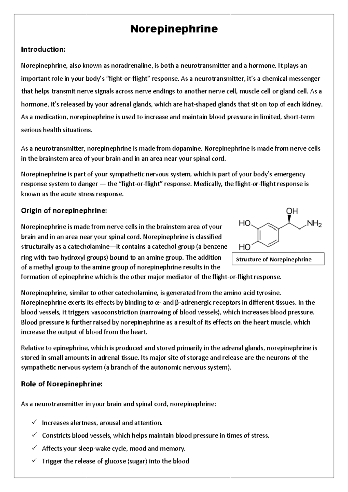 Norepinephrine: Structure, Role, and Impact on the Body - Studocu