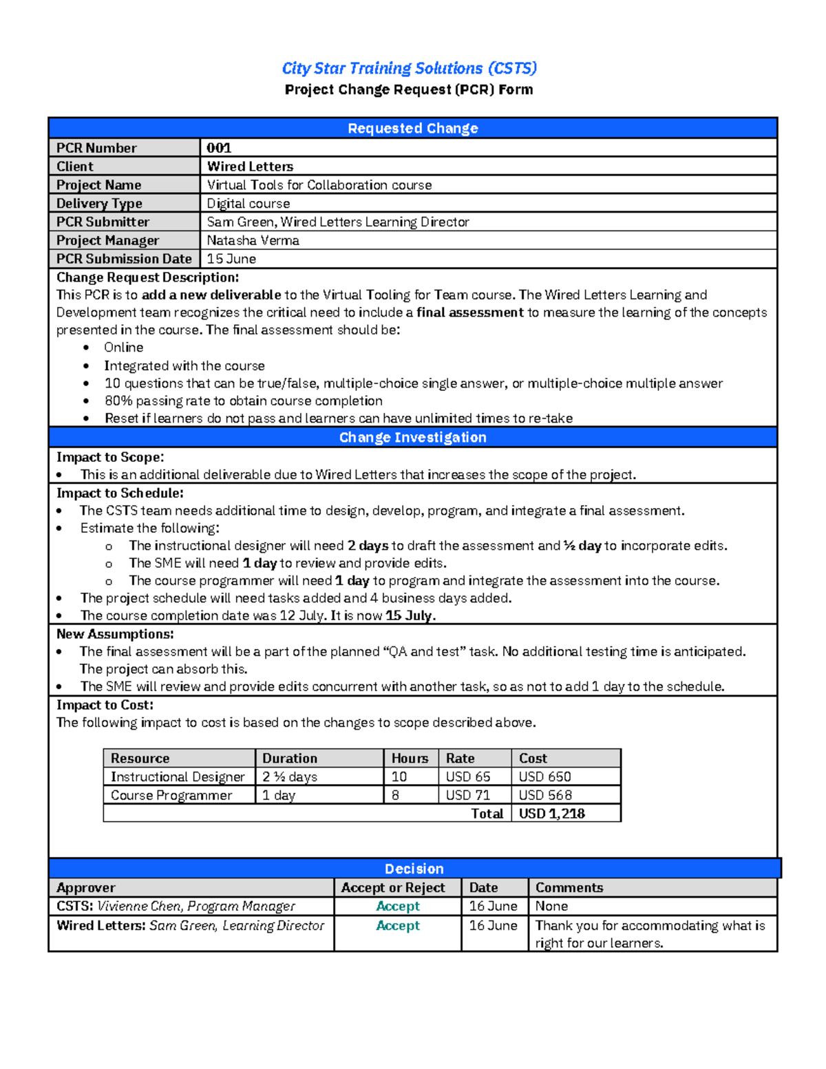 PM PCR - CSTS Project Change Request for Virtual Tools Course - Studocu