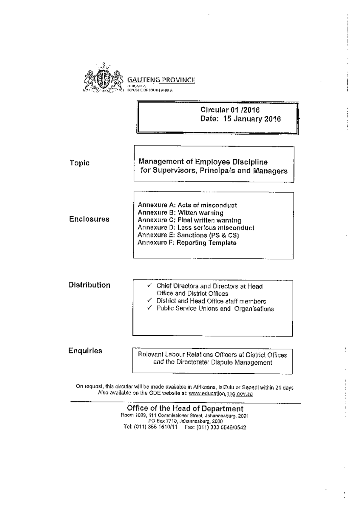 GDE Cir 1 of 2016: Management of Employee Discipline Guidelines - Studocu