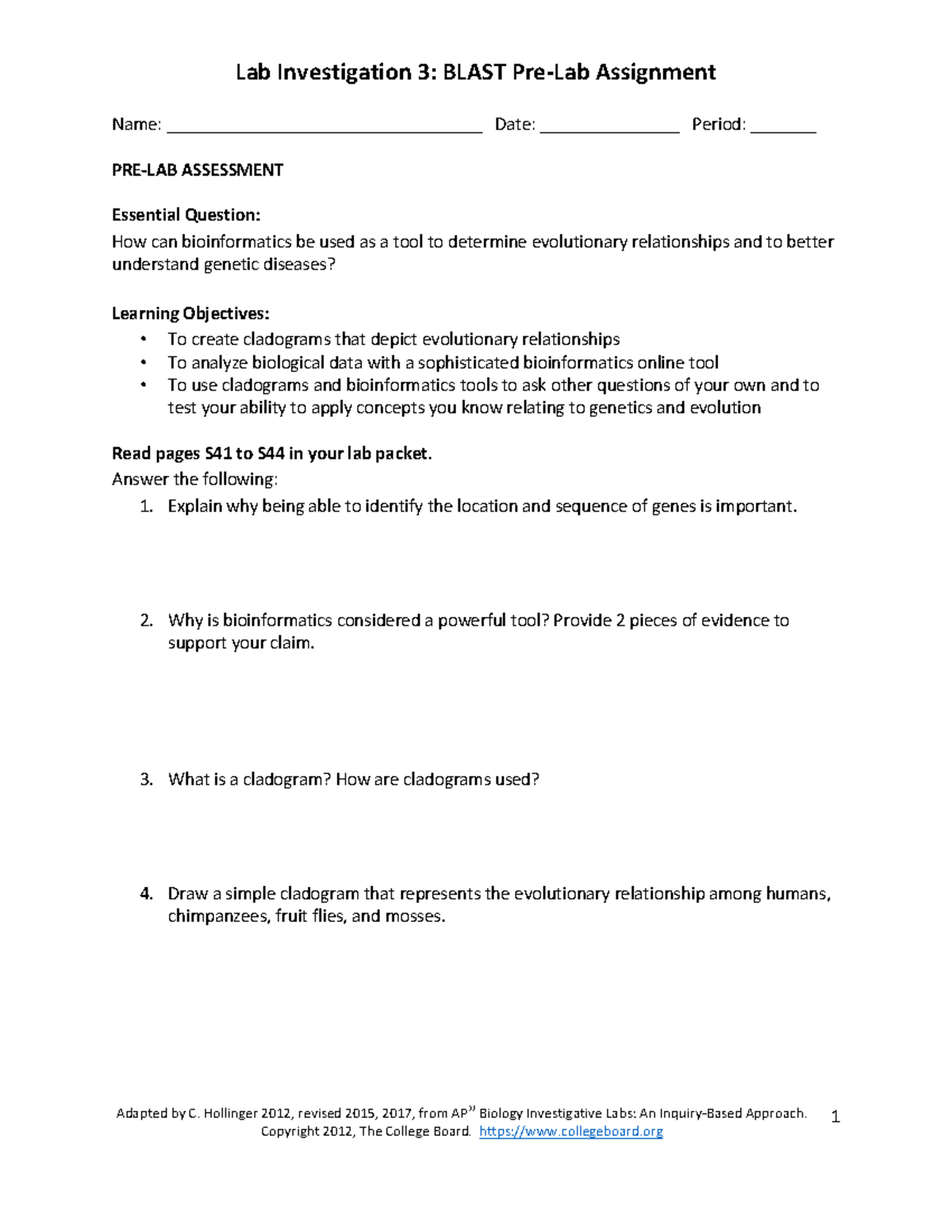 BLAST Lab Investigation 3: Bioinformatics & Evolutionary Relationships ...