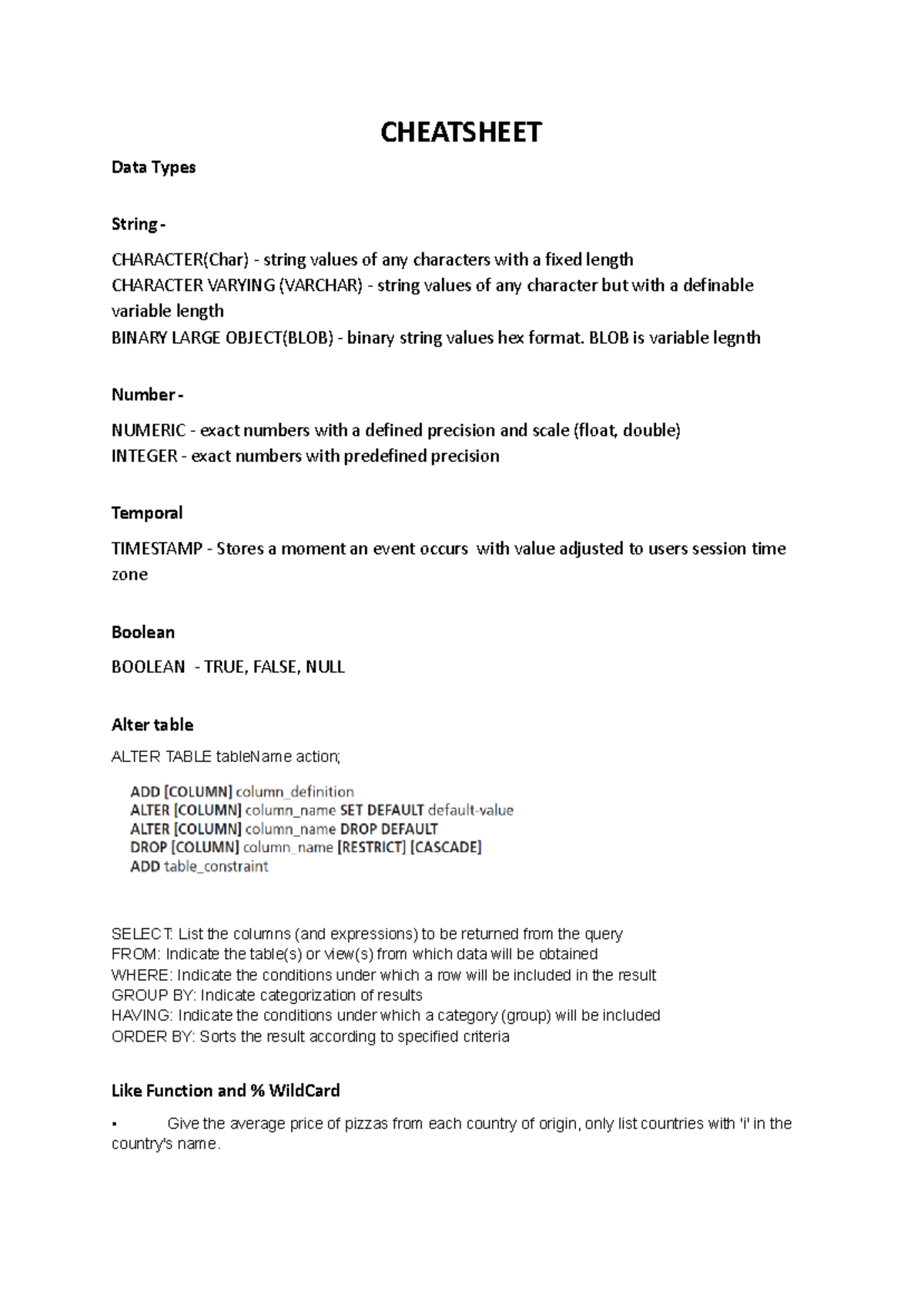 DB Fun Cheatsheet: Data Types, SQL Commands, and Functions Guide - Studocu