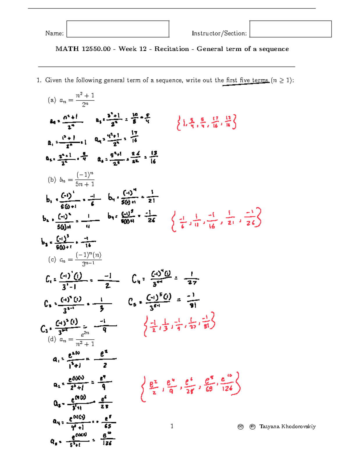 MATH 12550.00 Week 12 Recitation: General Term of a Sequence - Studocu