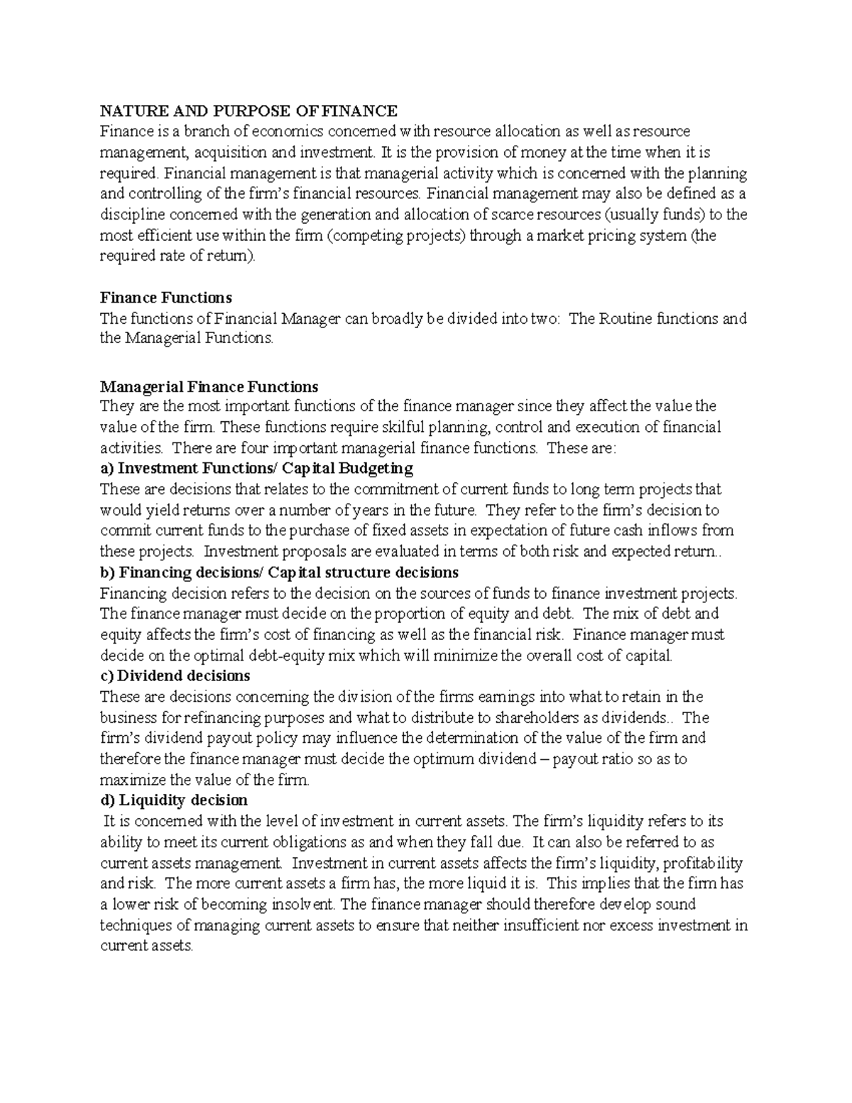 Nature and Purpose of Finance: Concepts and Functions Overview - Studocu