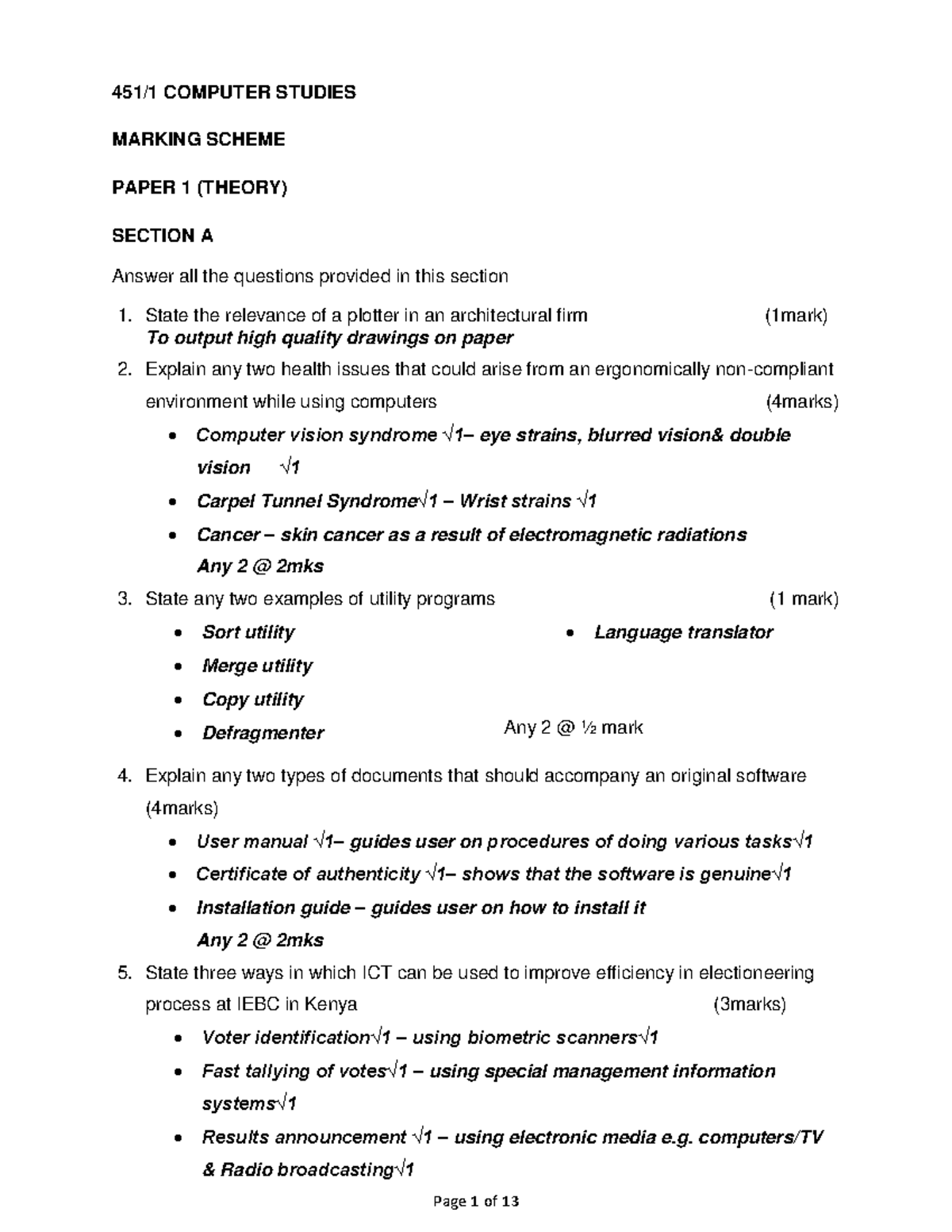 COMPUTER STUDIES MARKING SCHEME PAPER 1 (THEORY) - ICT HUB 1 MS - Studocu