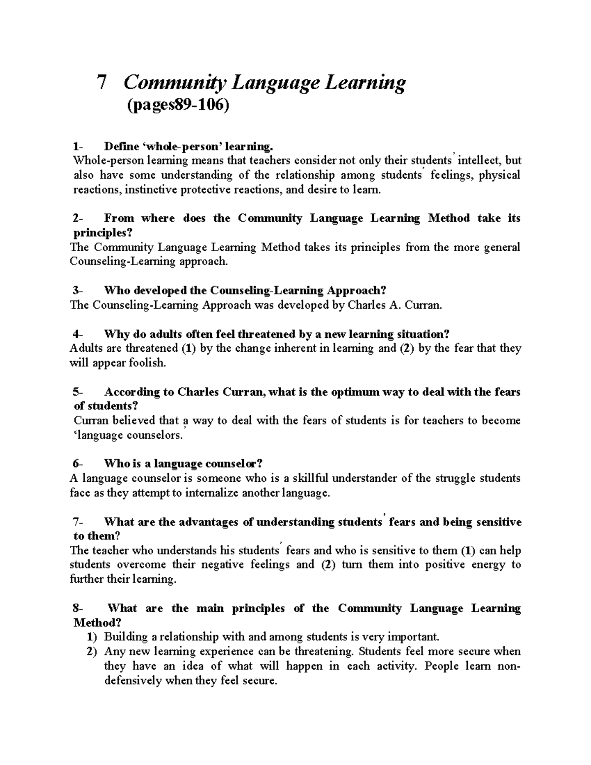 Chapter 7: Community Language Learning Insights and Principles - Studocu