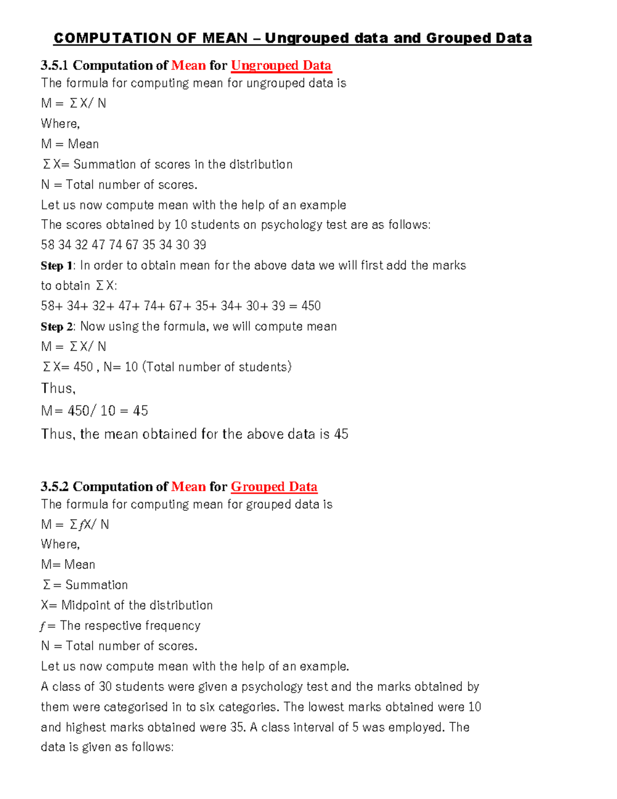 Computation OF MEAN median mode - COMPUTATION OF MEAN – Ungrouped data ...