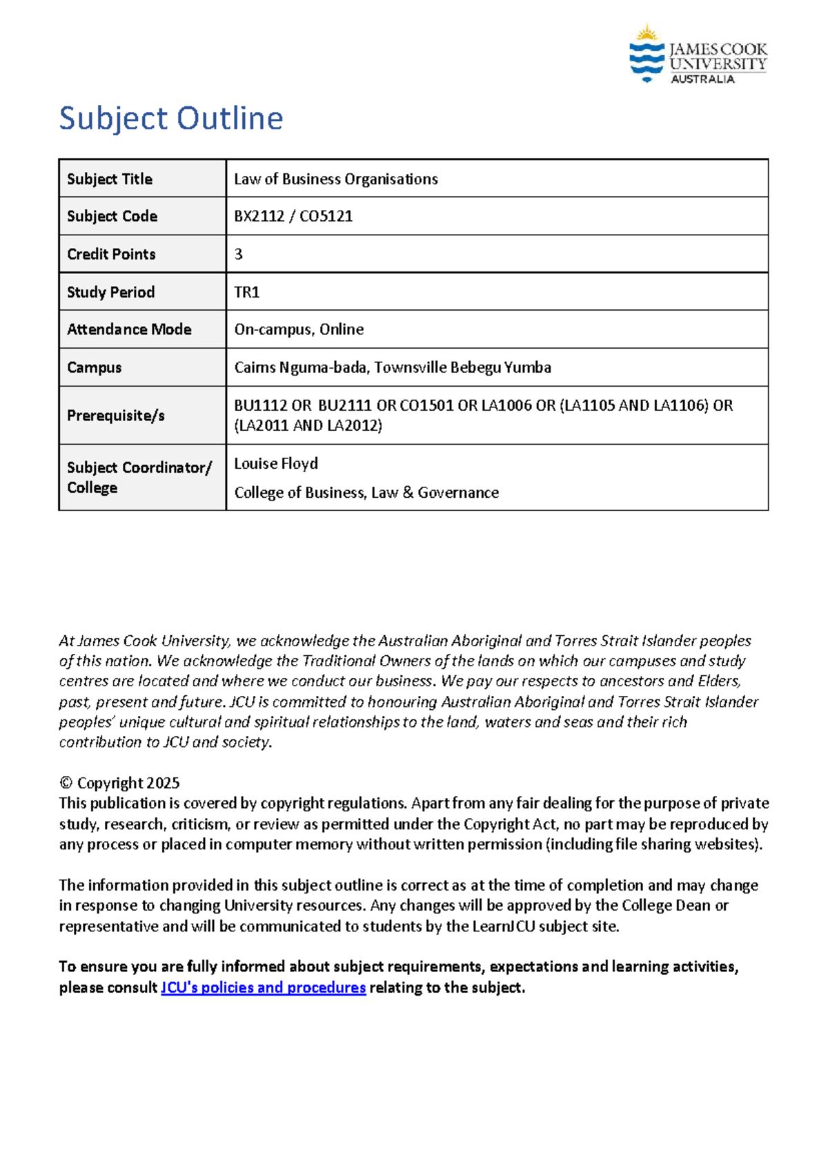 Law of Business Organisations Subject Outline - BX2112/CO5121 - Subject ...