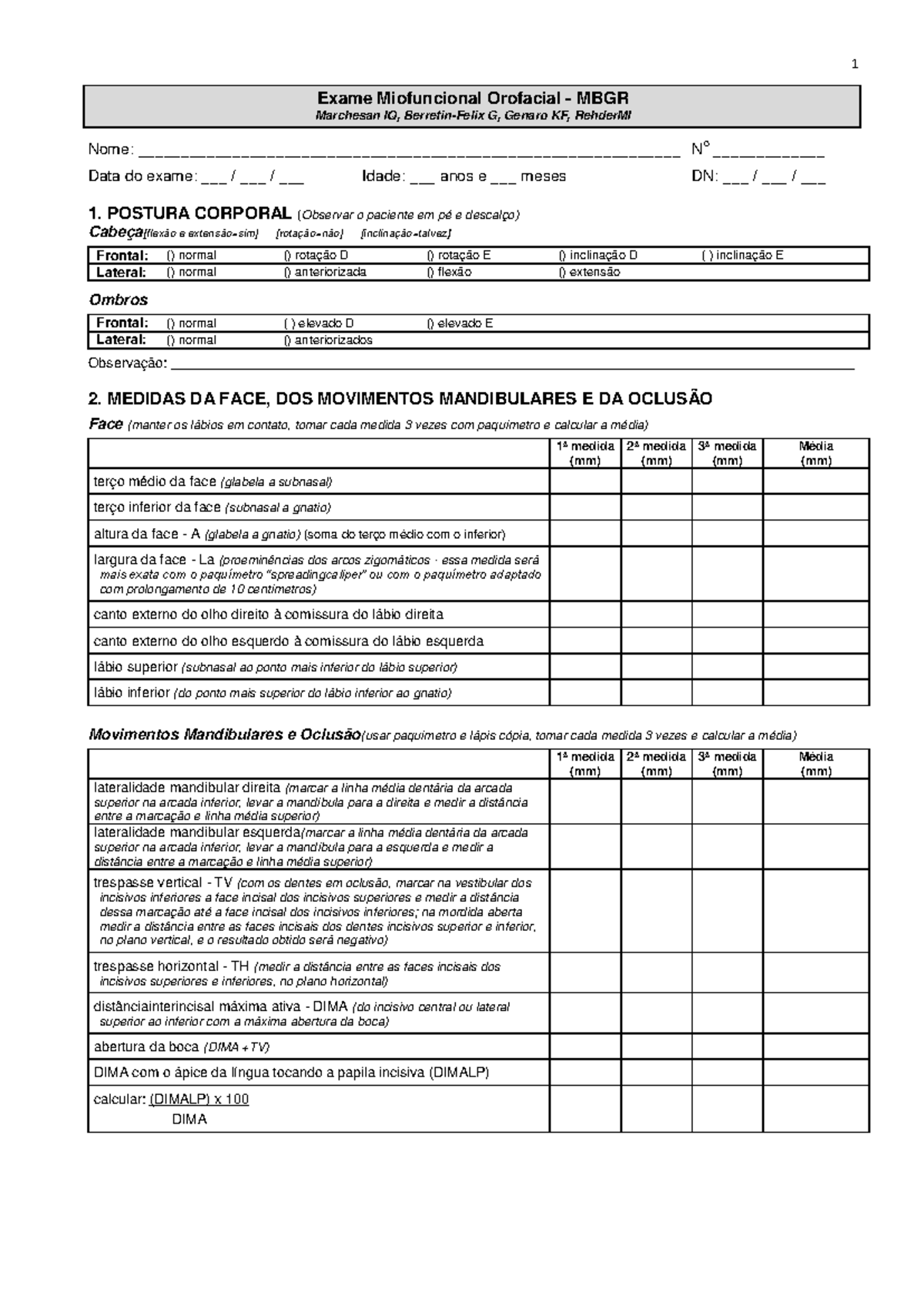 Exame Miofuncional Orofacial MBGR - Análise Clínica 2014 - Studocu