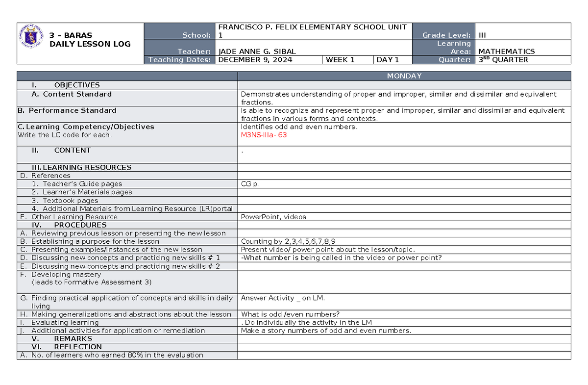 DAY 1-DLL MATH 3 Q3 W1 - Banghay - 3 – BARAS DAILY LESSON LOG School ...