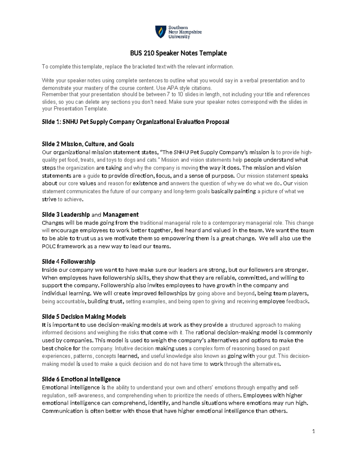 BUS 210 Speaker Notes Template for Organizational Evaluation ...