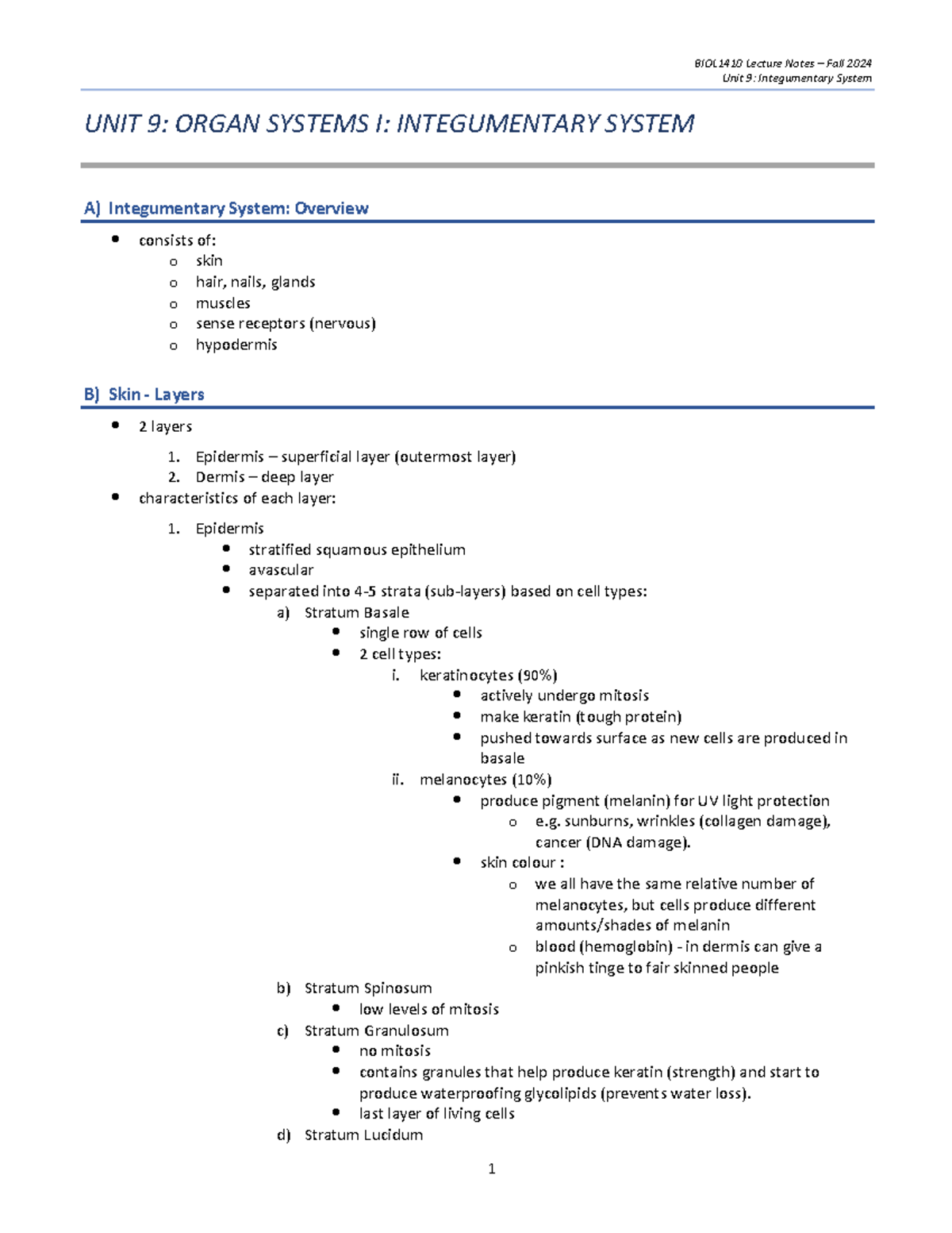 BIOL1410 Lecture Notes Fall 2024: Unit 9 - Integumentary System - Studocu