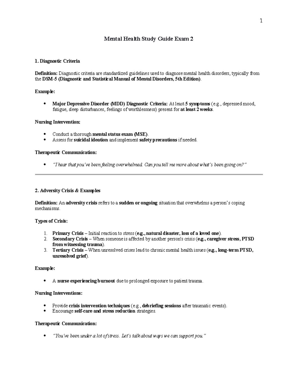 Study guide Exam 2 - 1 Mental Health Study Guide Exam 2 Diagnostic ...