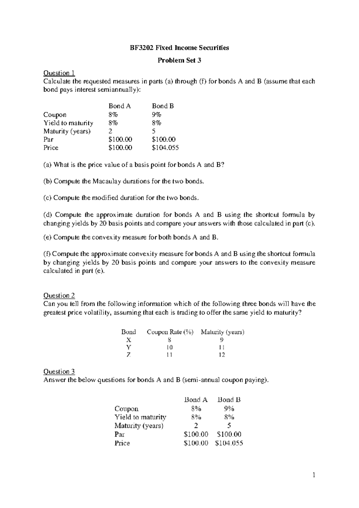BF3202 Fixed Income Securities Problem Set 3: Bond Measures & Analysis ...