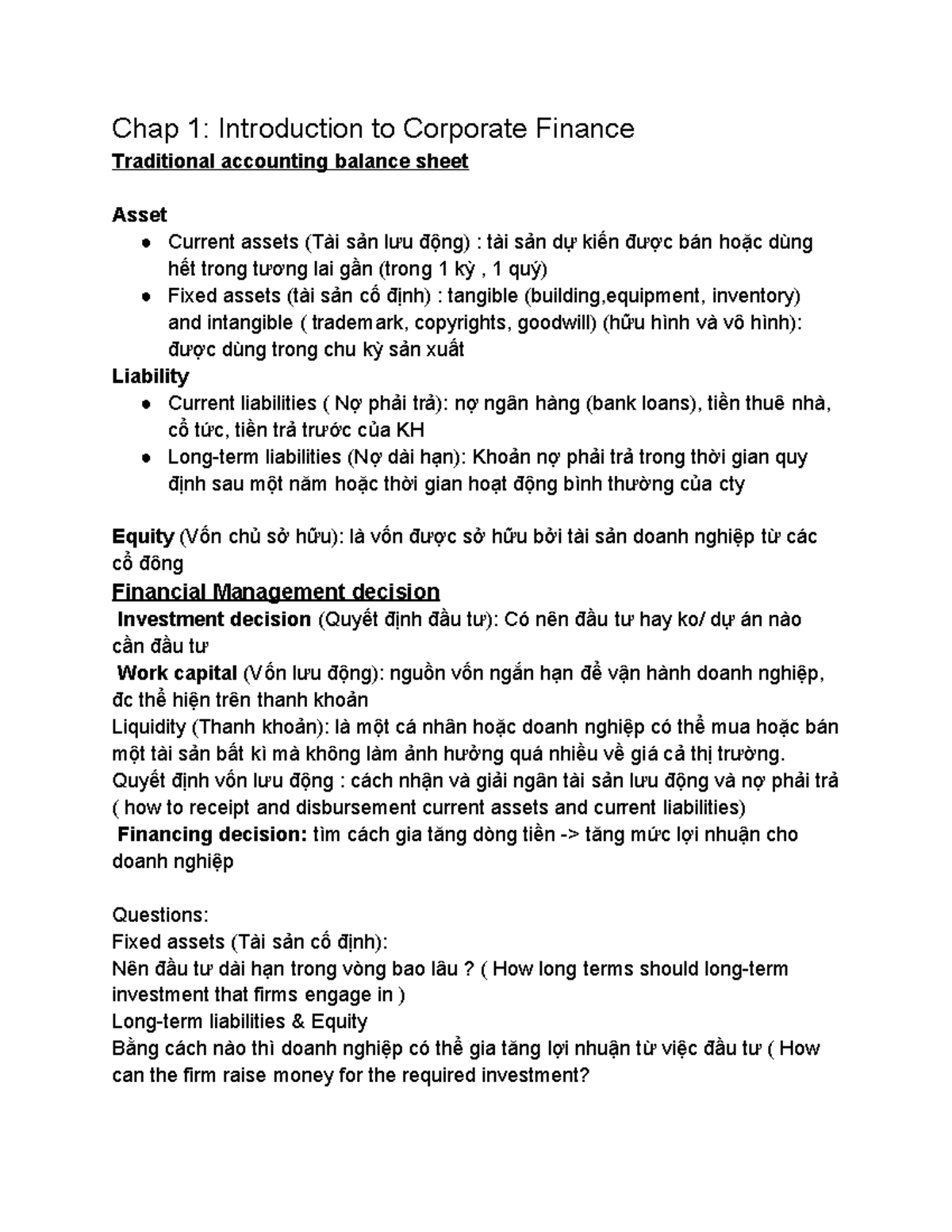 Mid-term FM 101: Chap 1 & 2 - Intro to Corporate Finance Concepts - Studocu