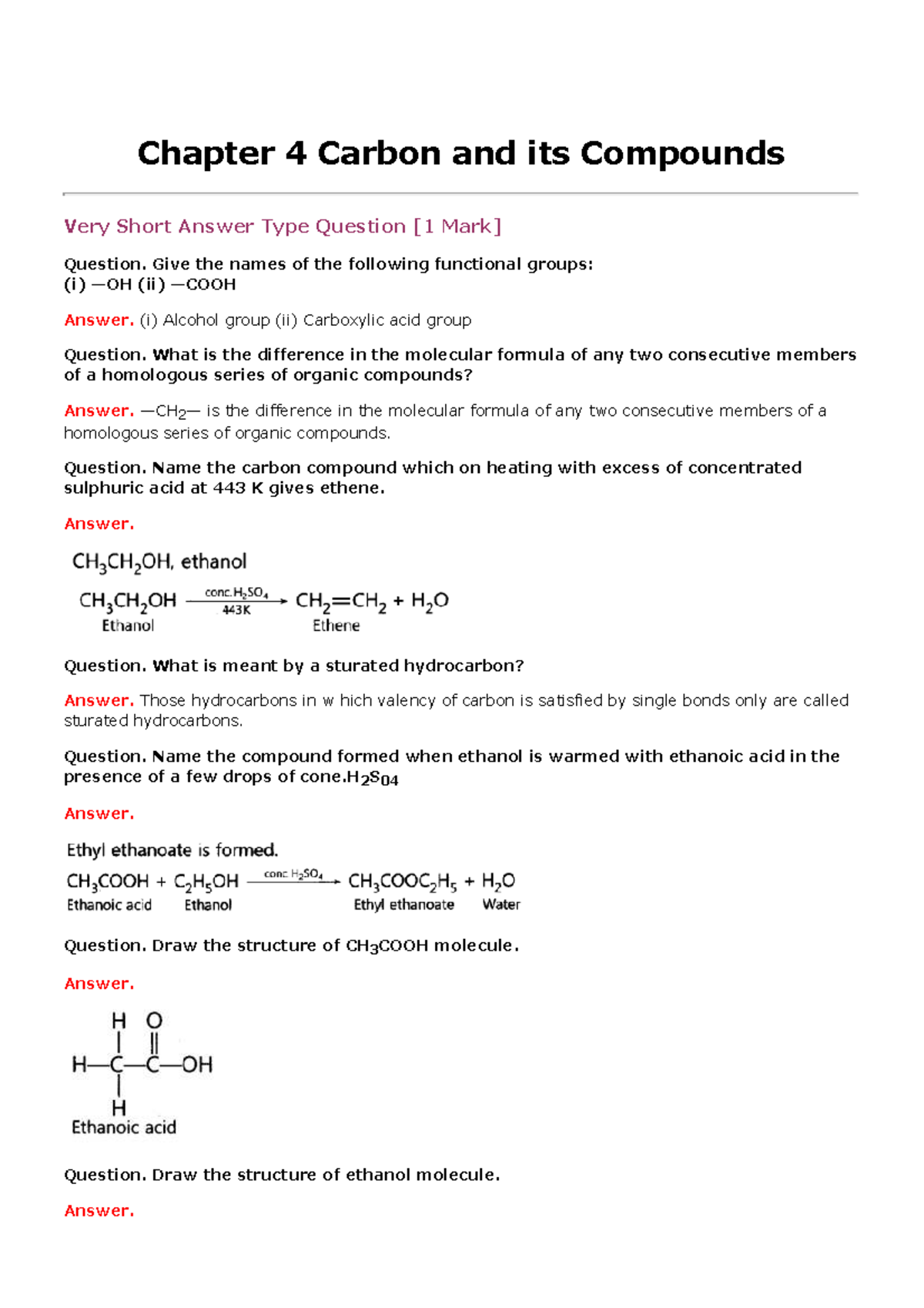 Chapter 4: Carbon and Its Compounds - Very Short Answer Questions - Studocu