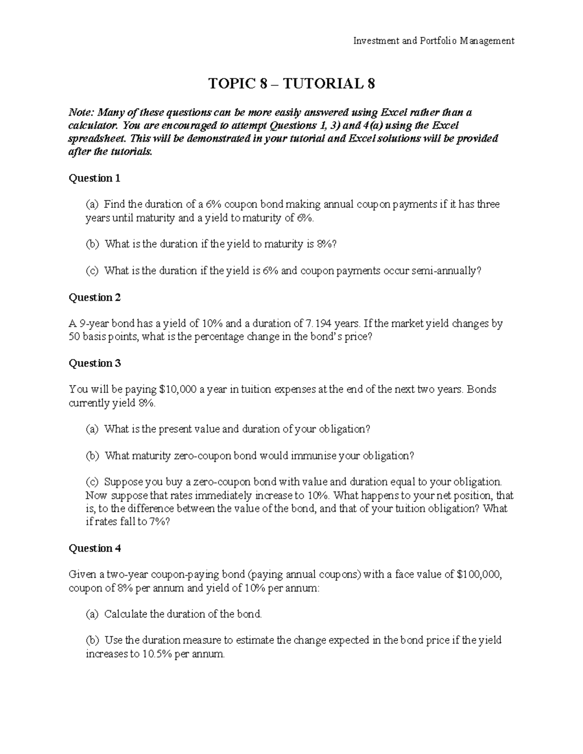 Investment and Portfolio Management Tutorial 8: Duration & Bond Pricing -  Studocu
