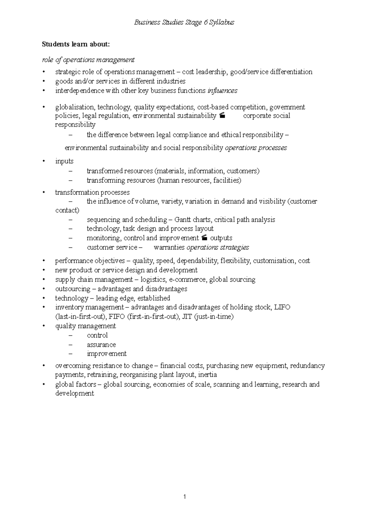 Business Studies Stage 6 Syllabus Overview and Key Concepts - Studocu