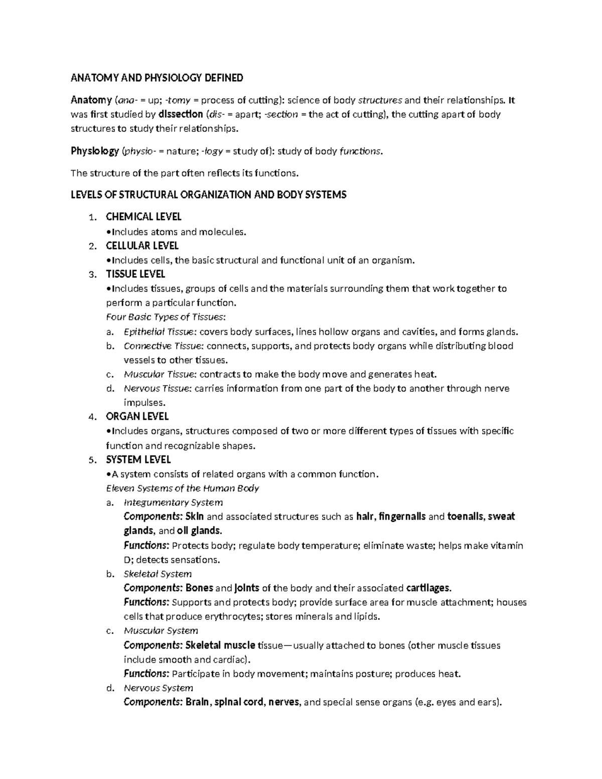 ANATOMY AND PHYSIOLOGY (ANAT 101) - Notes on Body Systems - Studocu