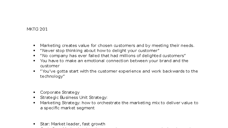 MKTG 201 - Class Notes on Creating Customer Value and Strategy - Studocu