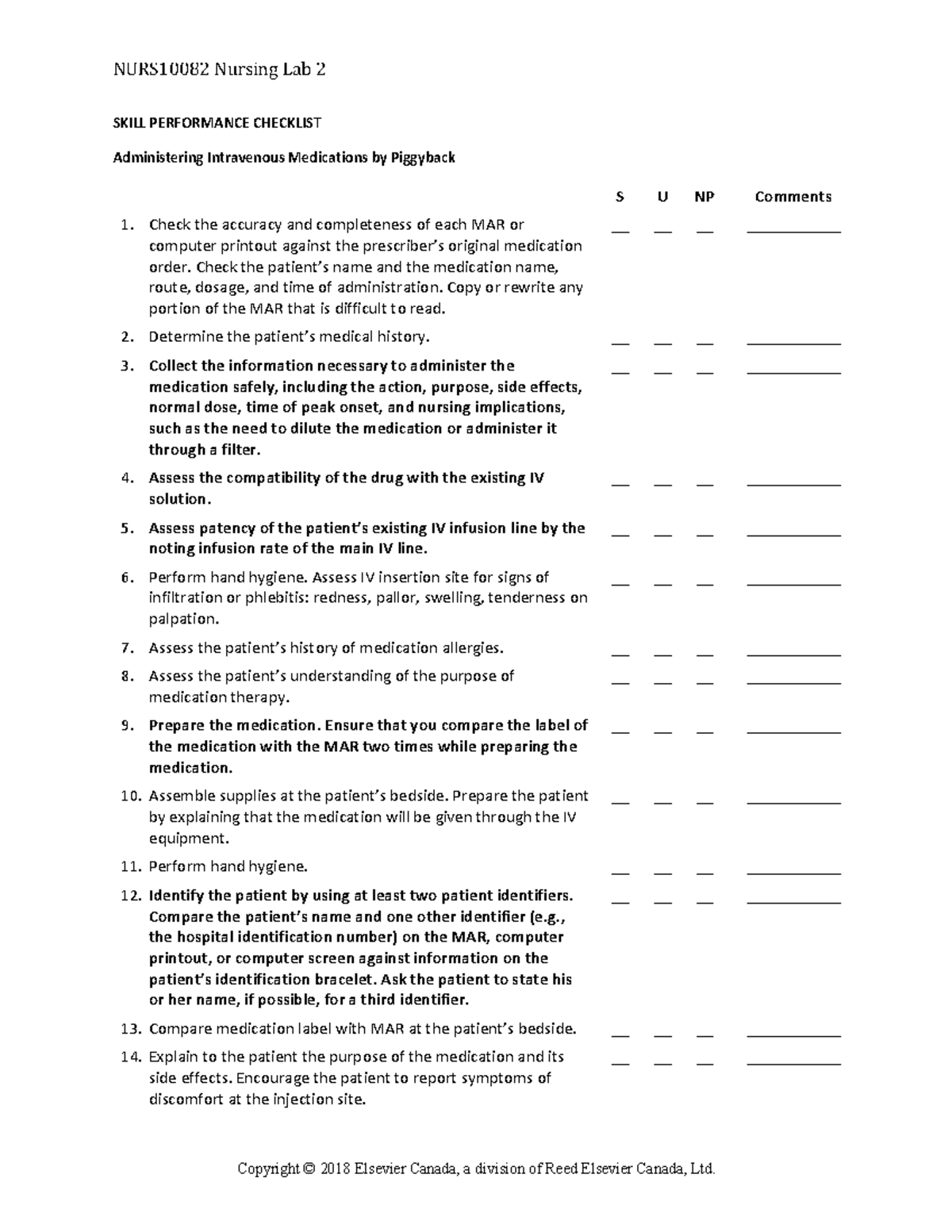 Administering IV Meds Skills Checklist W19 - NURS10082 Nursing Lab 2 ...
