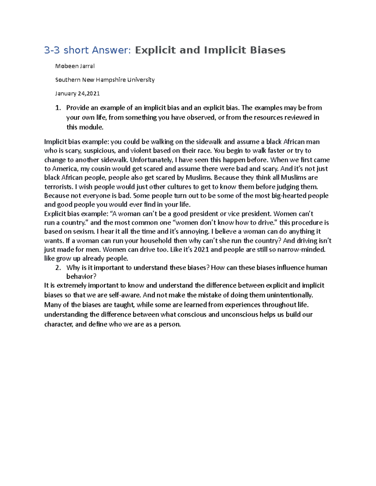3-3 Short Answer on Explicit vs Implicit Biases - SNHU - Studocu