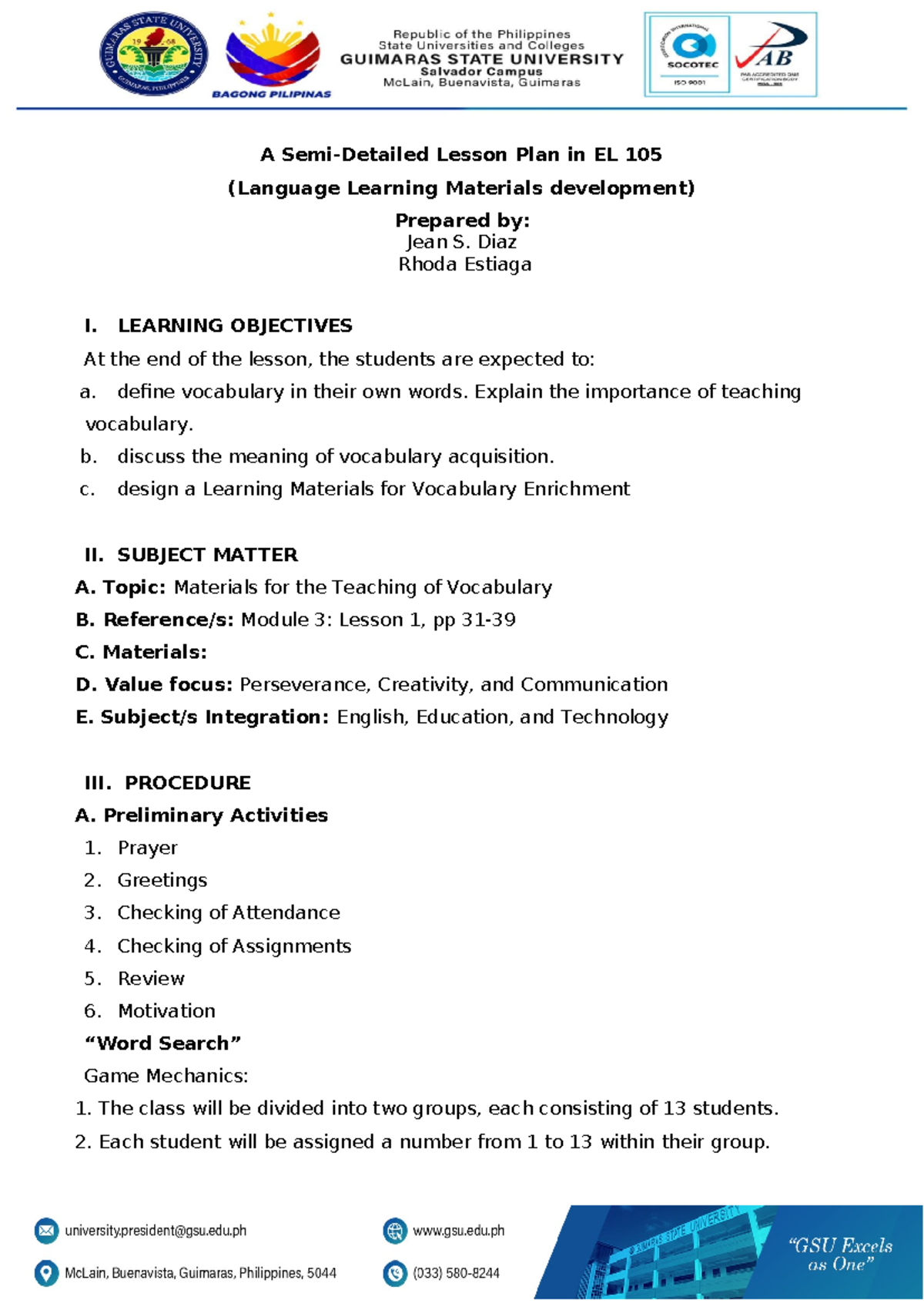 Semi-Detailed Lesson Plan for EL 105: Vocabulary Development Strategies ...