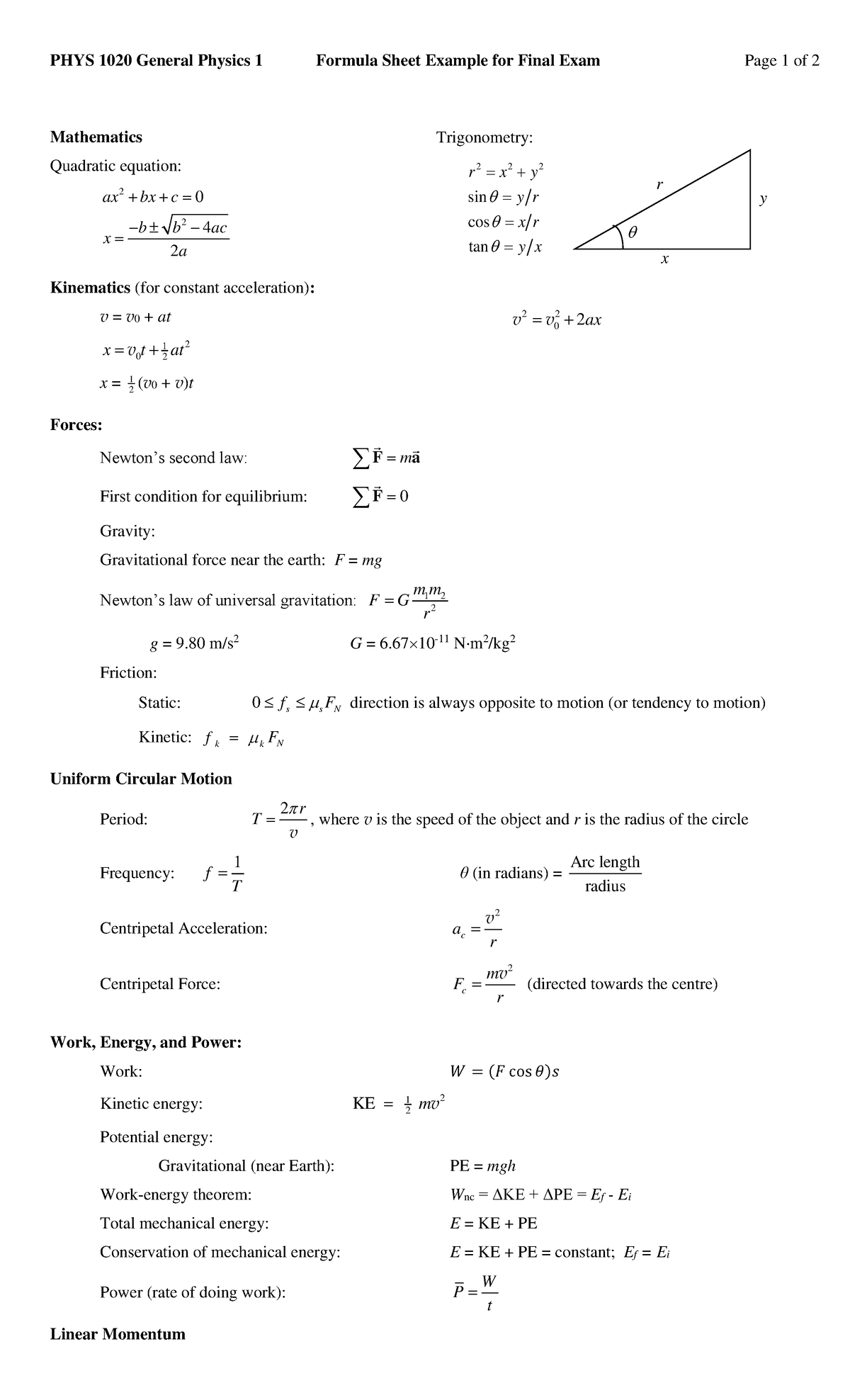 PHYS 1020 Final Exam Formula Sheet for General Physics 1 - Studocu