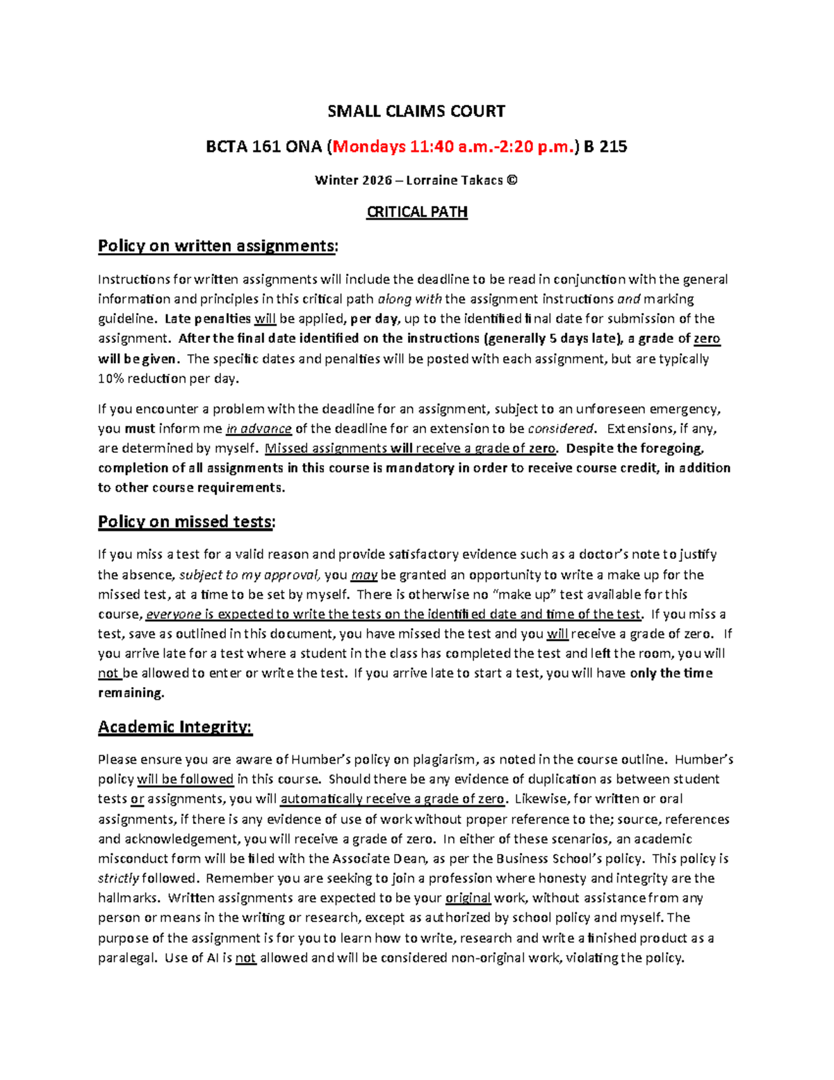 Critical Path for Small Claims Court BCTA 161 ONA Winter 2026 - Studocu