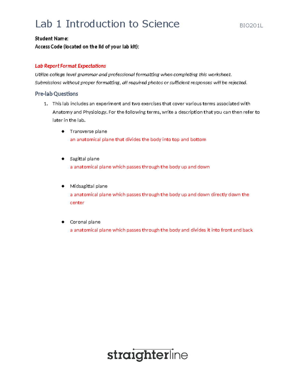 BIO201 Lab 1: Anatomy & Physiology - Pre-lab Qs and Exercises - Studocu