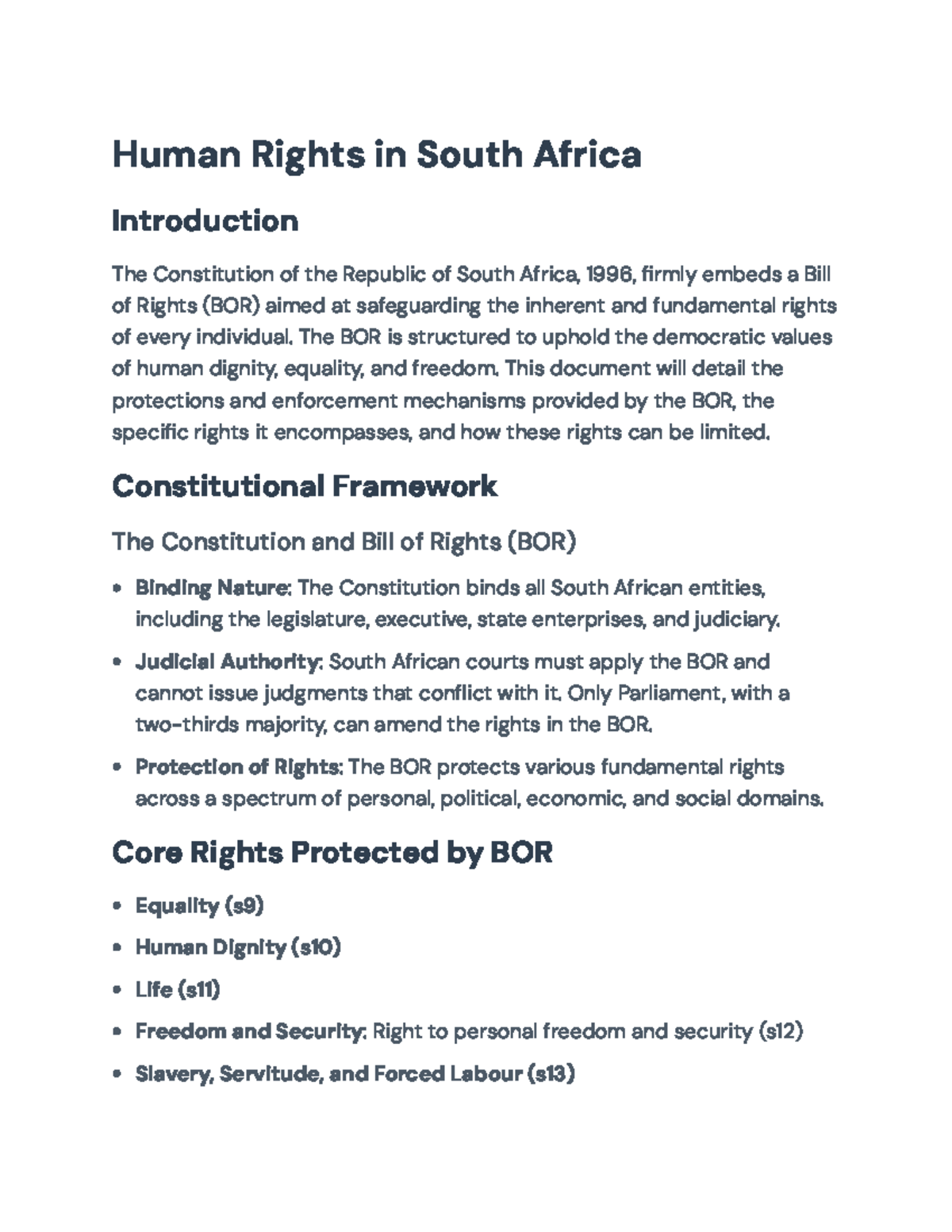 Human Rights Protections and Mechanisms in South Africa (Course Code ...