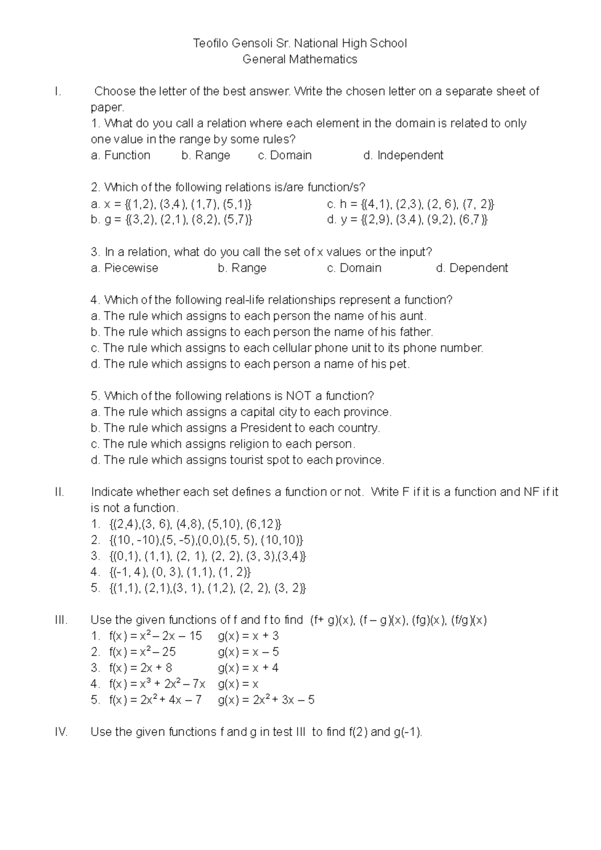 General Mathematics I: Summative Test on Functions and Relations - Studocu