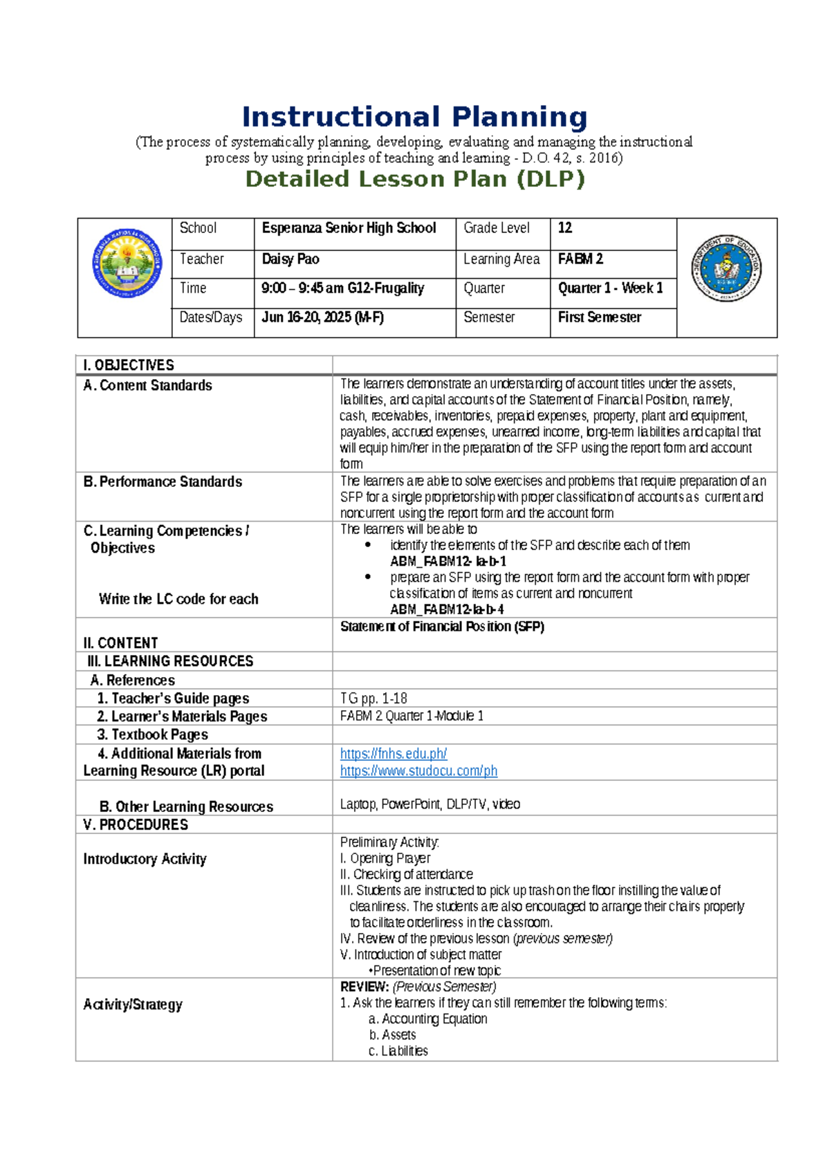 DLP FABM2 Q1 W1 - Detailed Lesson Plan on Statement of Financial ...