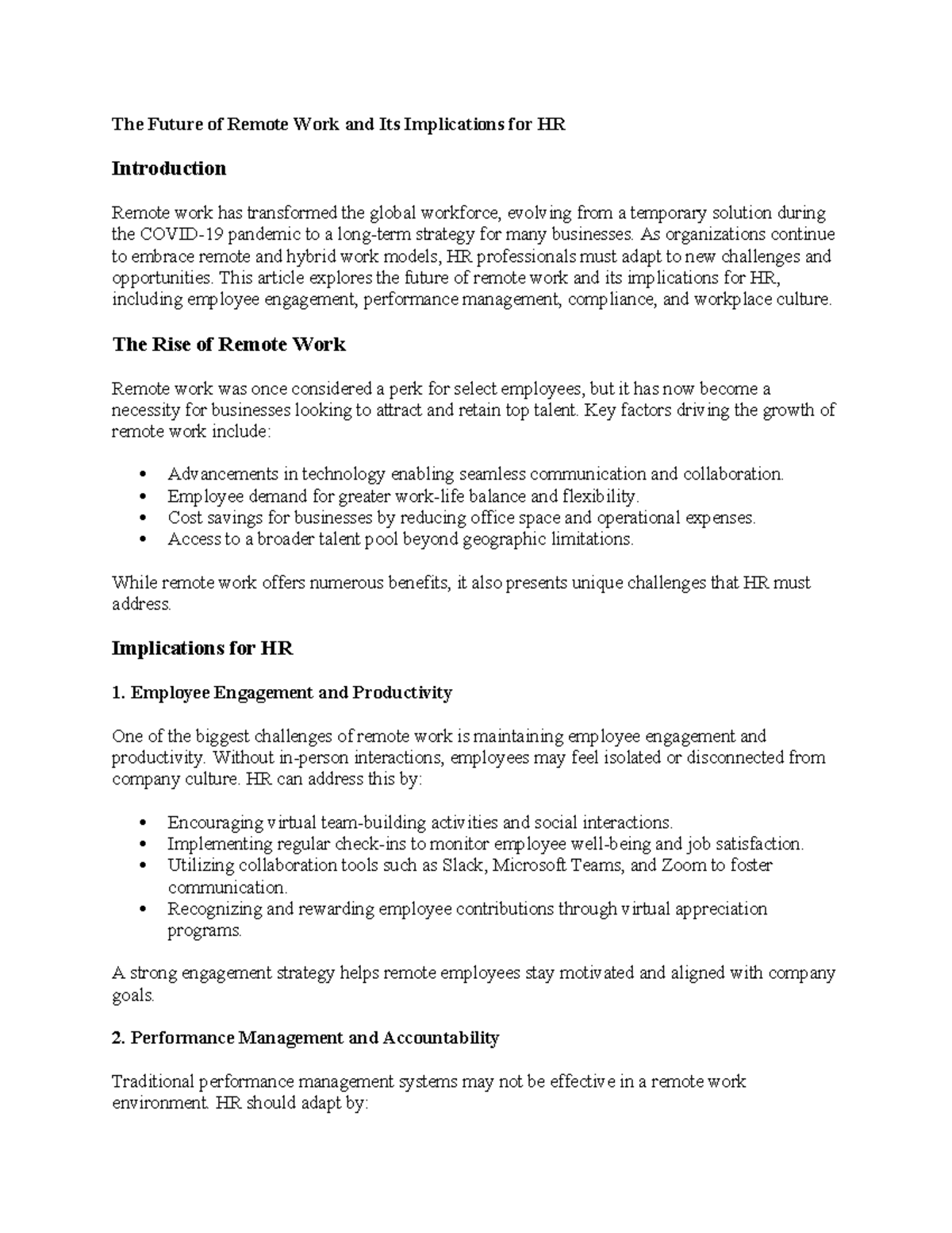 8 - Essay: Future of Remote Work & HR Implications - Studocu