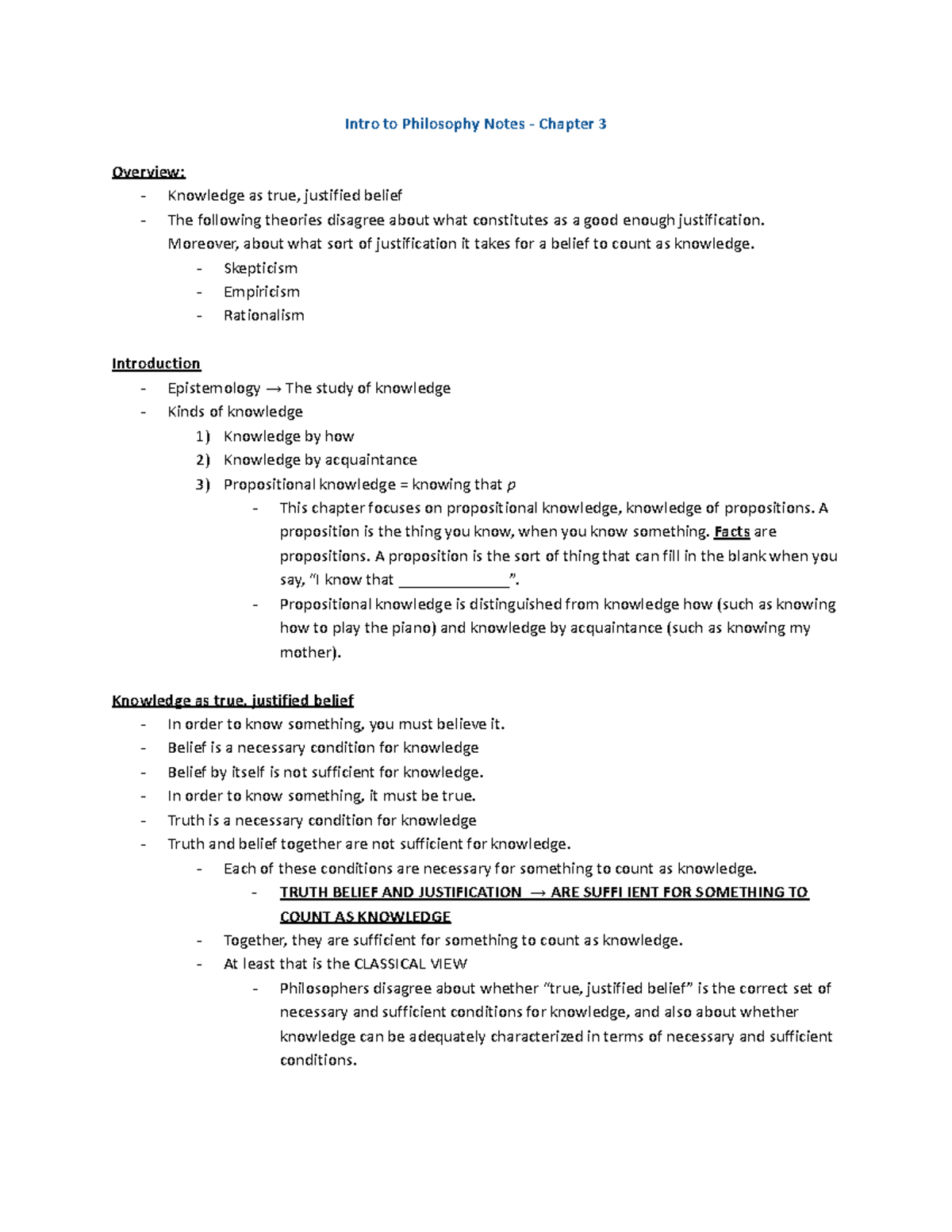 Philosophy 101: Chapter 3 Notes on Knowledge and Justification - Studocu