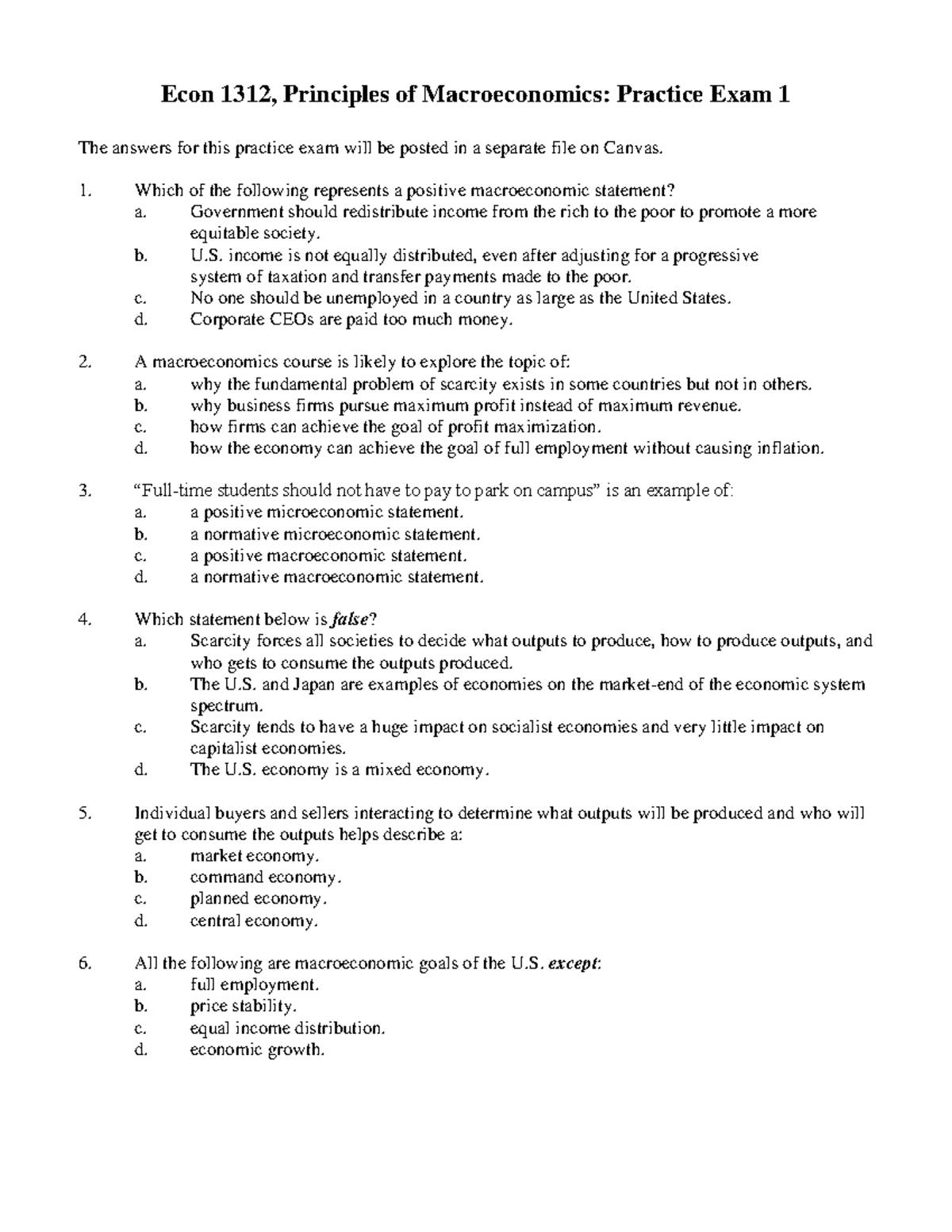 Econ 1312: Principles of Macroeconomics - Practice Exam 1 Questions ...
