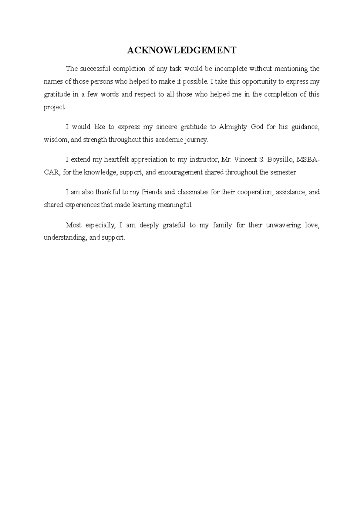 Acknowledgement and Dedication for MSBACAR Project Completion - Studocu