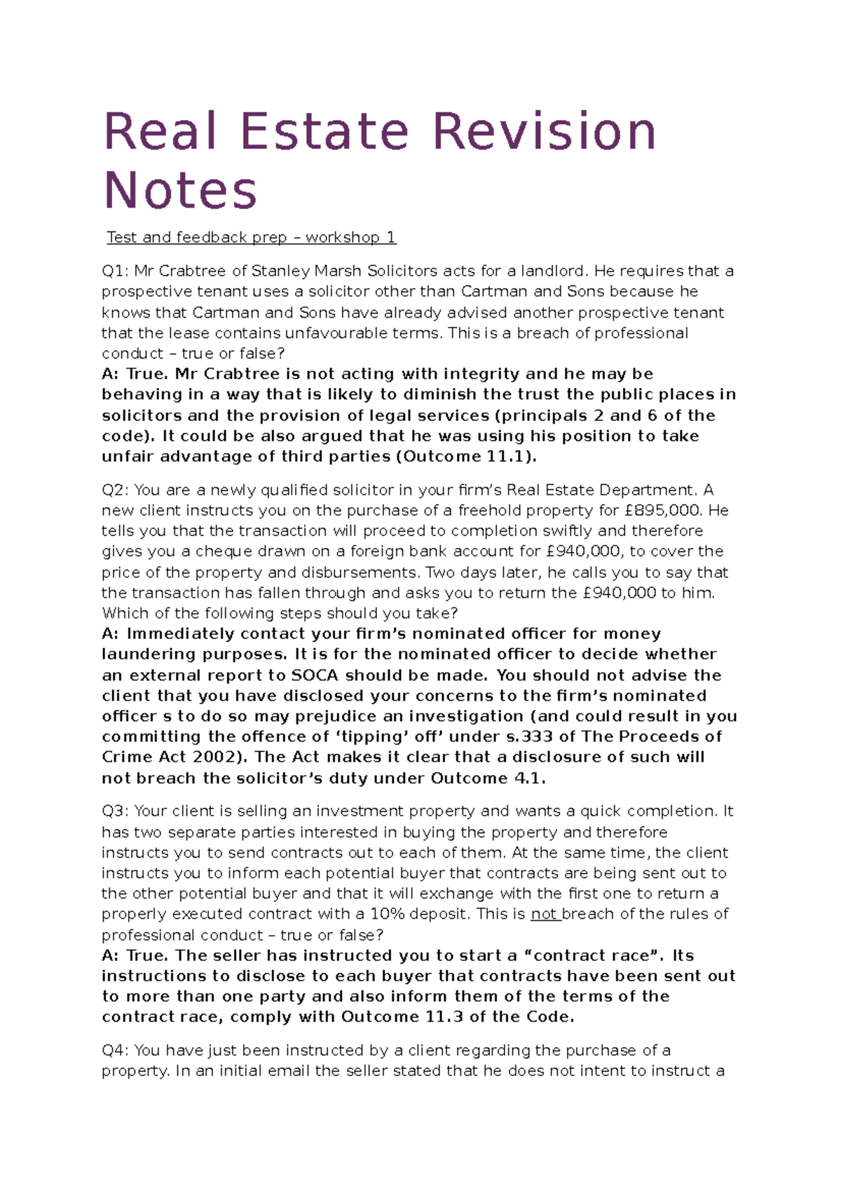 Real Estate Revision Notes - Test and Feedback for ALL Workshops - Real ...