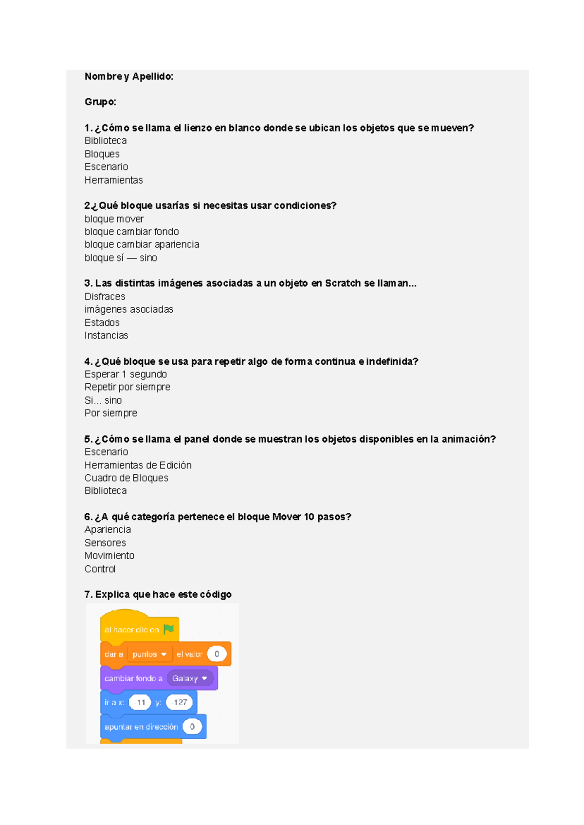 3 ESO Examen Test Scratch: Preguntas y Respuestas Clave - Studocu