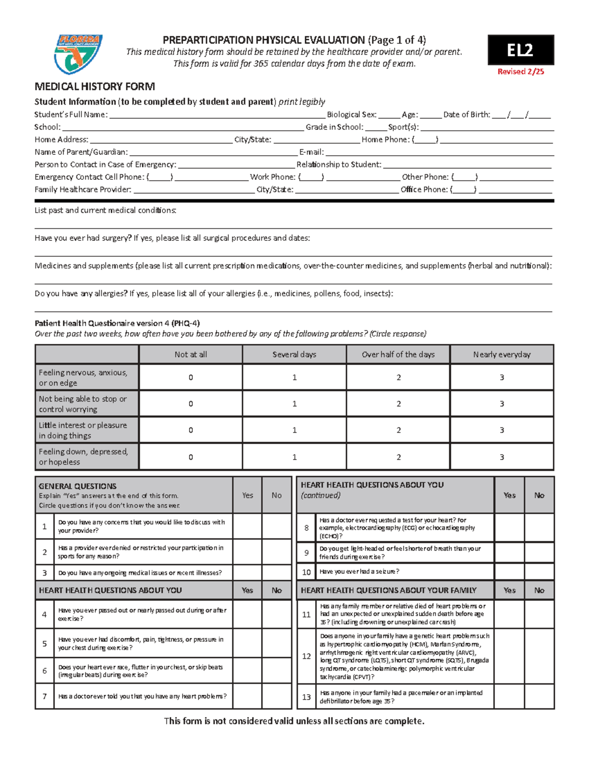 EL2 Preparticipation Physical Evaluation Medical History Form - Studocu