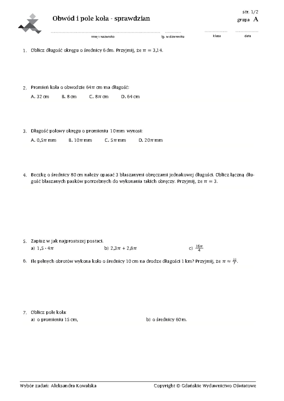 Sprawdzian Z Długość Okręgu Pole Koła Chomikuj www.studocu.com