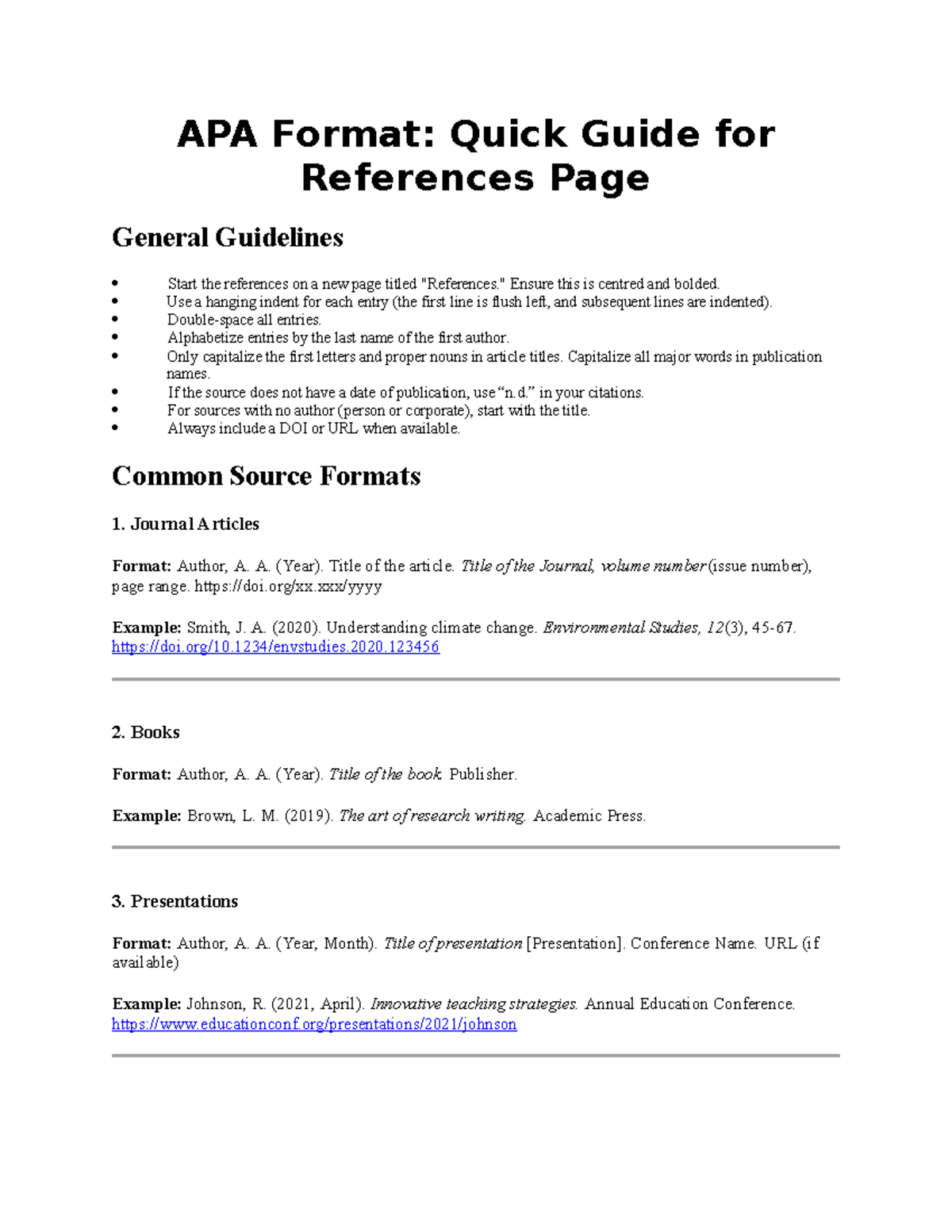 APA Format: Quick Guide for References Page and Common Sources - APA ...