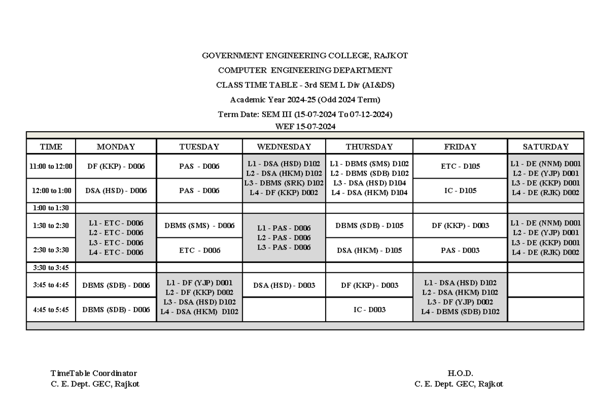3rd Sem AI&DS - Class Time Table - Odd Term 2024-25 - Studocu
