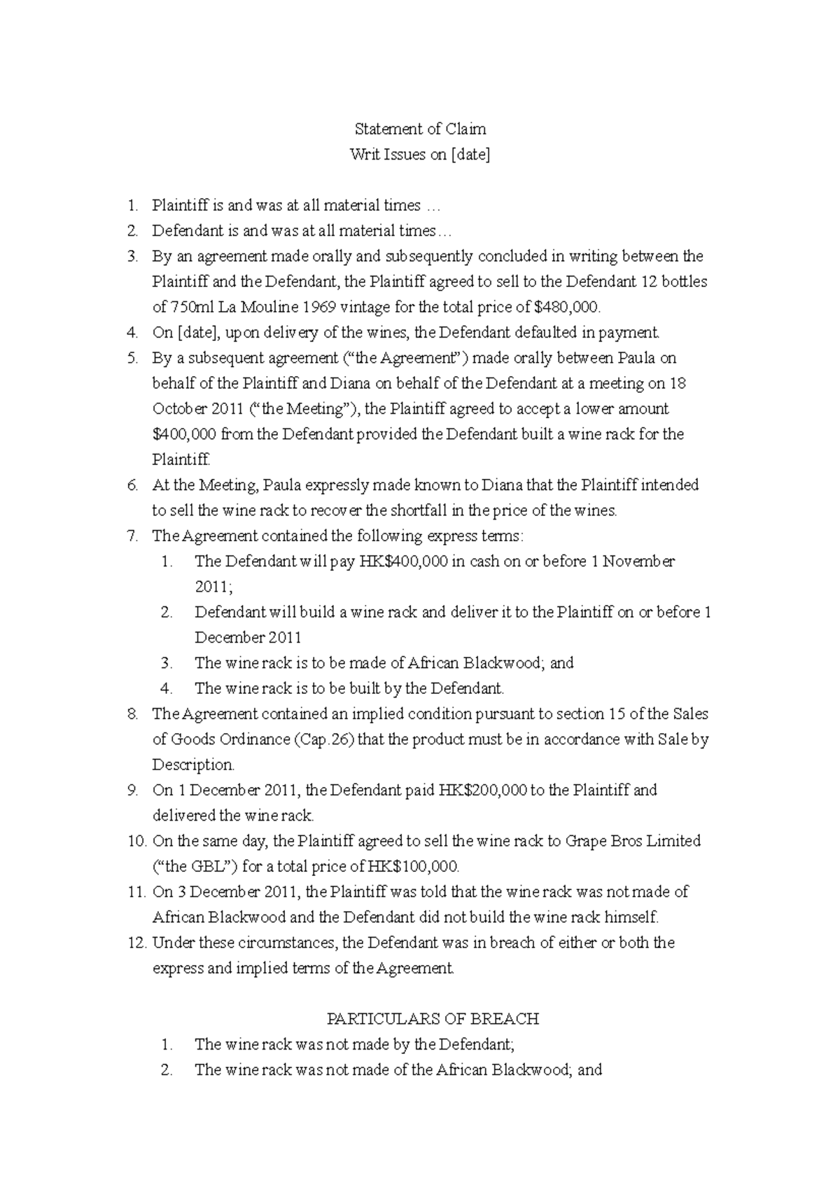 Statement of Claim Drafting Template - Legal Analysis and Details - Studocu