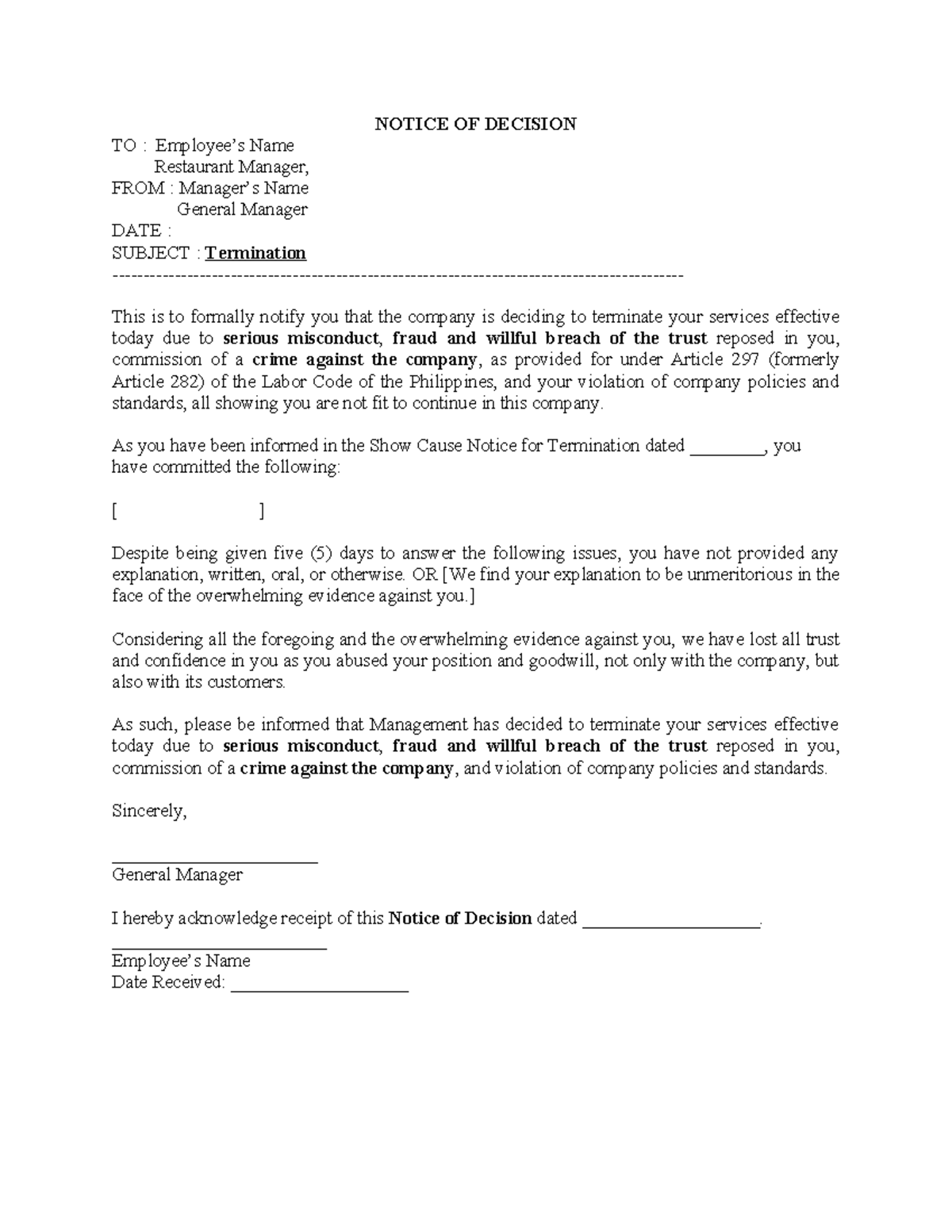 Termination Notice - Second Notice for Employee Misconduct - Studocu