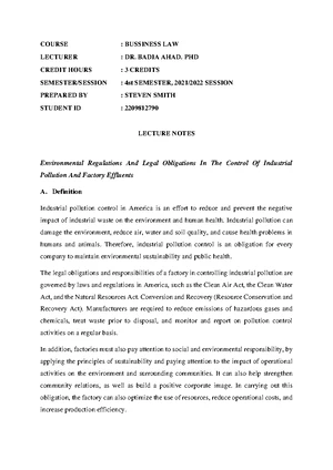 Environmental Law - Study Notes & Assignments - Studocu
